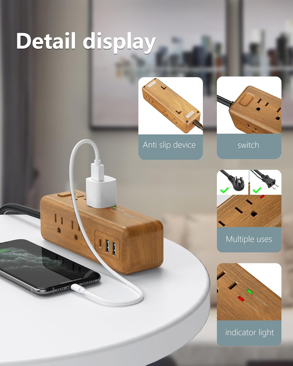 Power Strip Surge Protector 8 Outlet with 2 USB-A+1USB-C Ports Charging Station Long Extention Cord Right Angle Flat Plugs Circuit Breaker for Home Office Dorm Room (Light Wood USB-C)