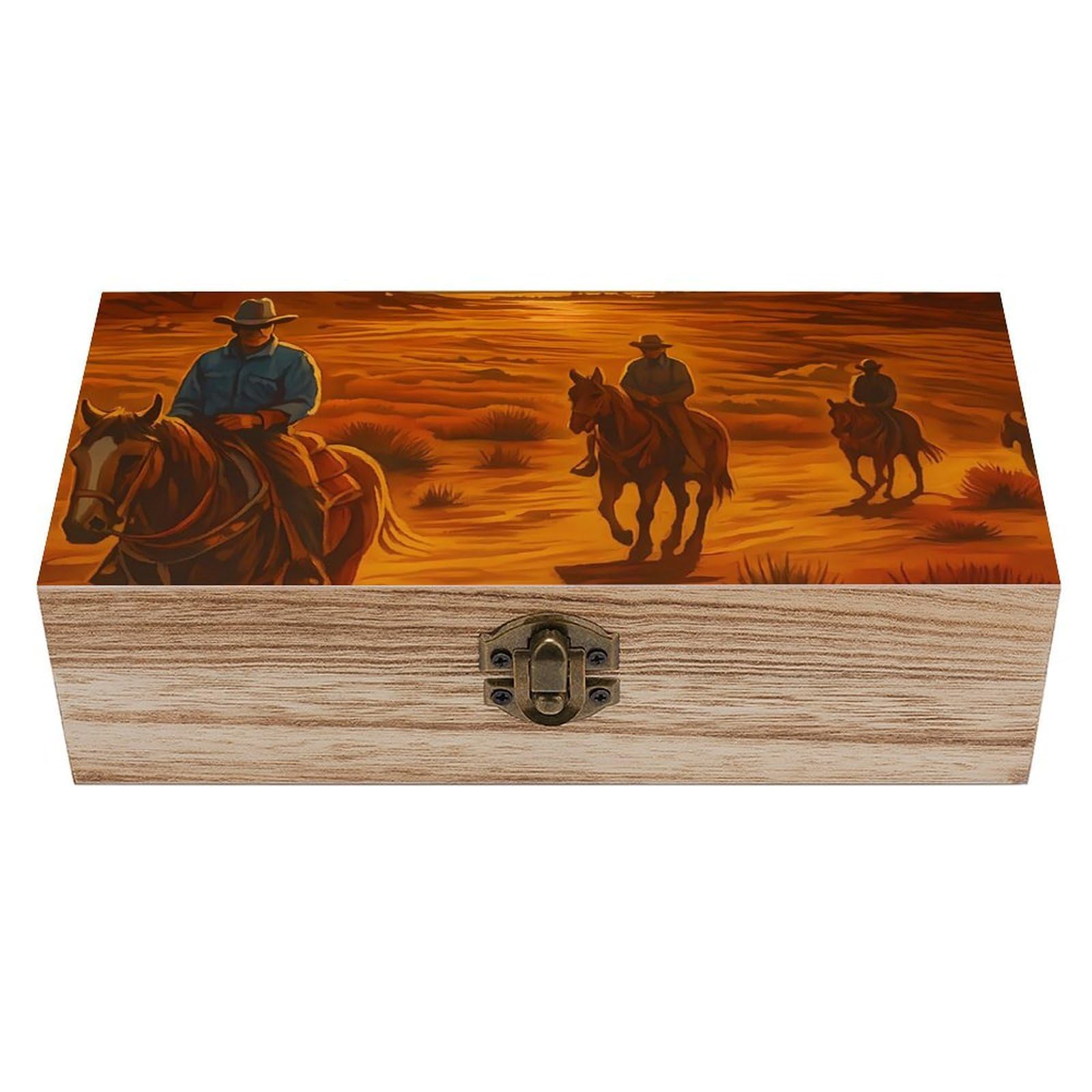 Oudrspo Sunset Cowboy in Desert Retro Wooden Storage Box Keepsake Jewelry Decorative Art Storages Box Gift Boxs