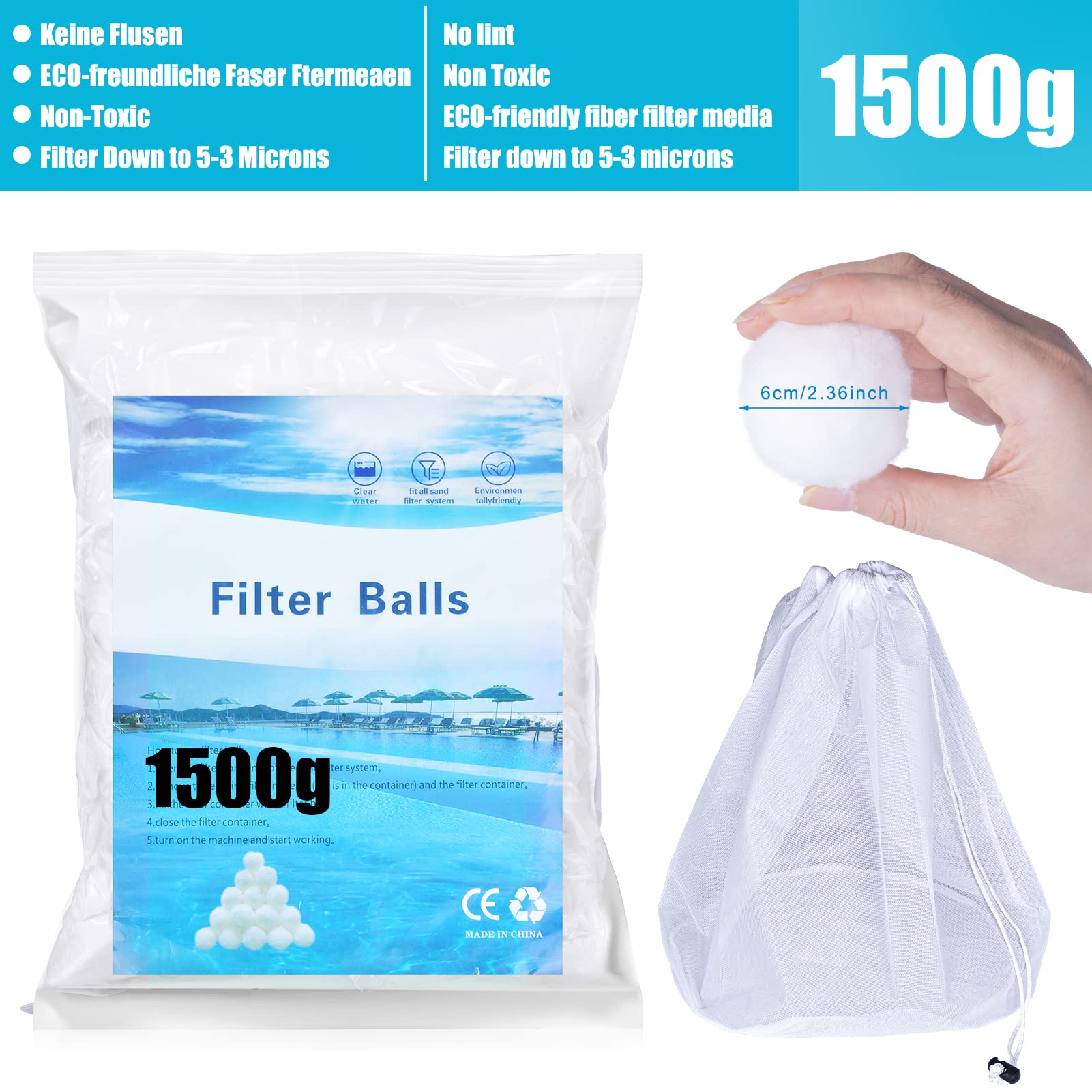 Filterballs 1500g Pool Filterbälle ersetzen 54kg Filtersand für sandfilteranlagen, Schwimmbad, Filterpumpe, Aquarium Sandfilter