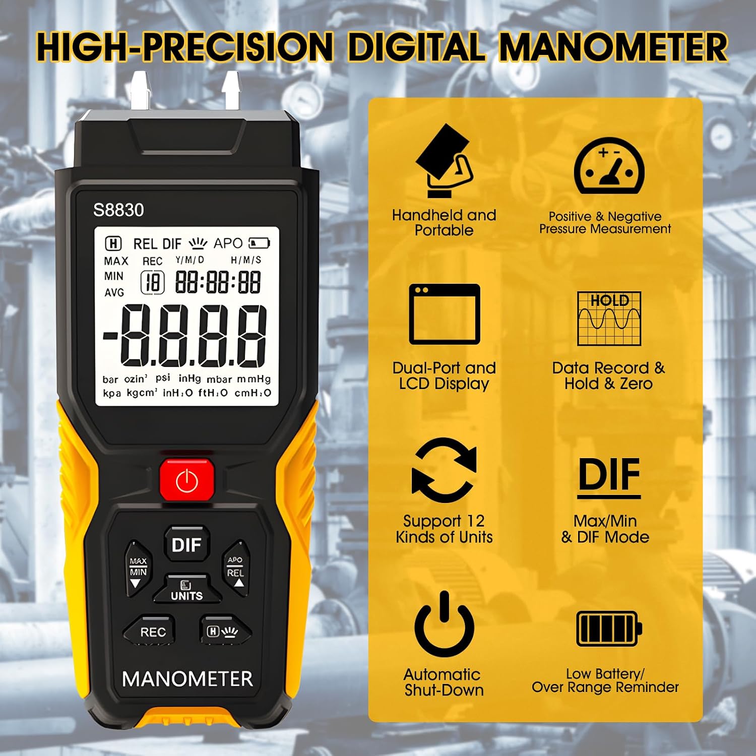 Digital Air Pressure Gauge, Compression Tester Automotive, Storage of 99 Data Gas Pressure Tester, Max 36.8KPa HVAC Manometer, 12 Measure Units