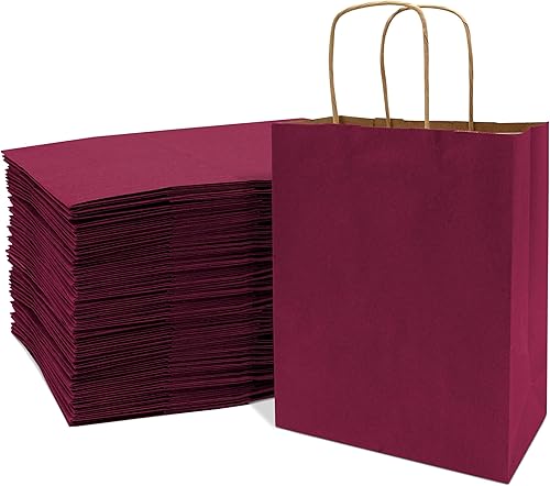 Prime Line Packaging Paquete de 100 bolsas pequeñas de color rosa de 8 x 4 x 10 con asas, bolsas de regalo de papel kraft, bolsas de compras burdeos