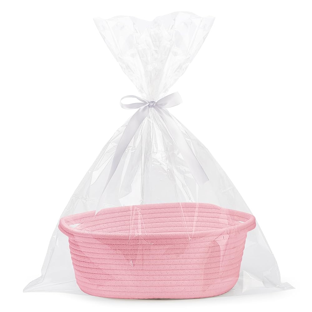 Pro Goleem Small Woven Basket with Gift Bags and Ribbons Durable Baskets for Gifts Empty Small Rope Basket for Storage 12X 8 X 5 Baby Toy Basket with Handles, Pink