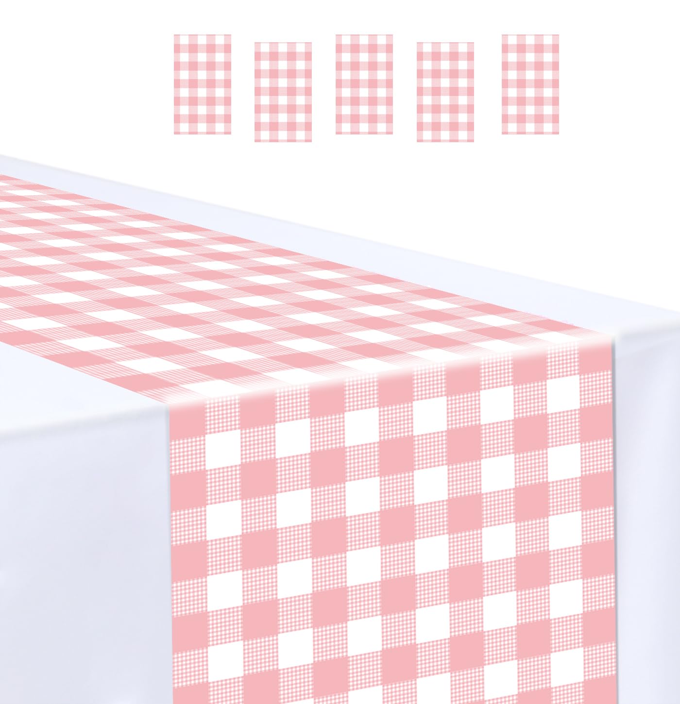 6 Pcs Pink and White Checkered Table Runner 14 x 108 Plastic Gingham Table Runner for Birthday Wedding Baby Shower Party Disposable Table Runner