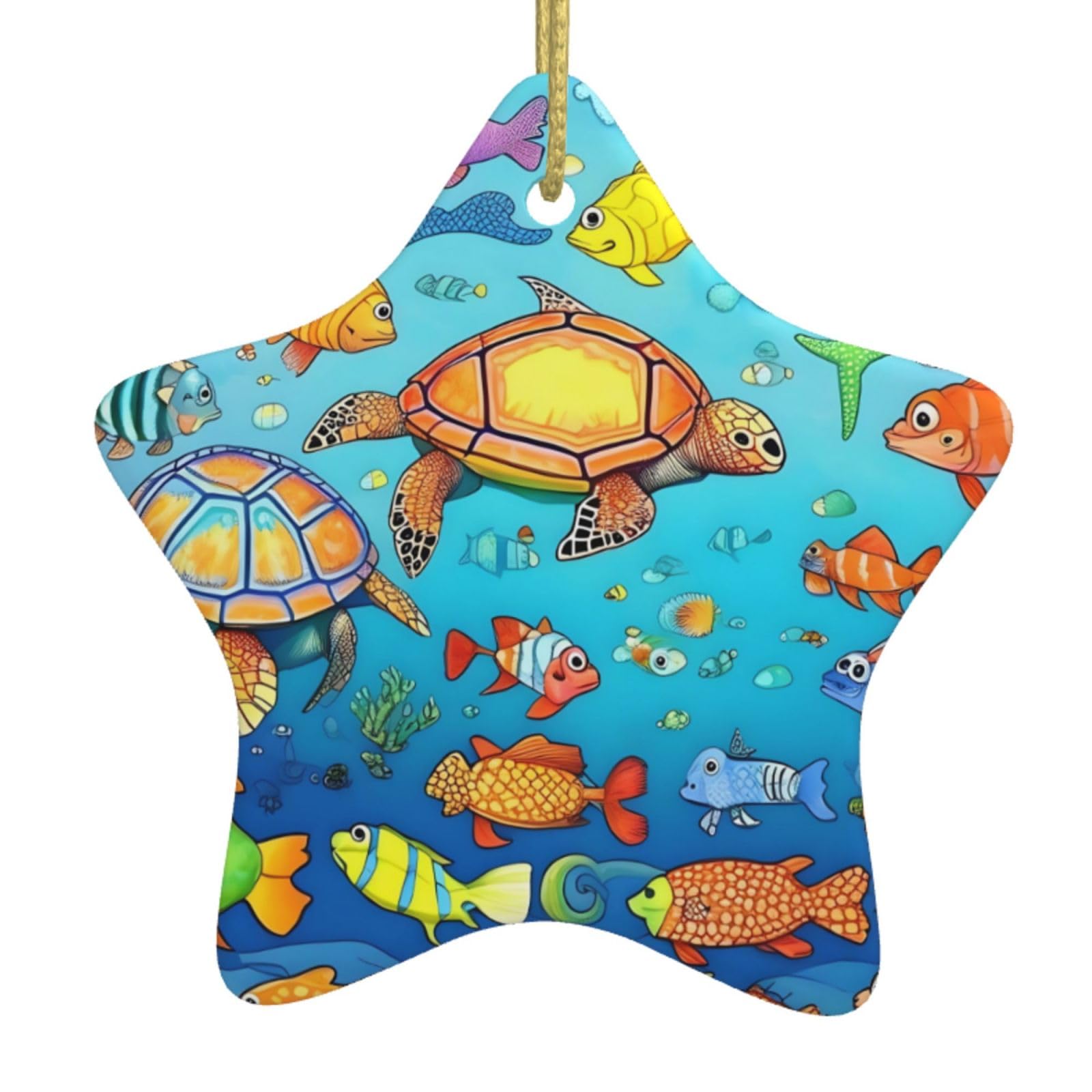 Turtle and Fish Christmas Ceramic Star Pendant with Punched Holes and Gold Wire Rope, Christmas Tree Home Decoration