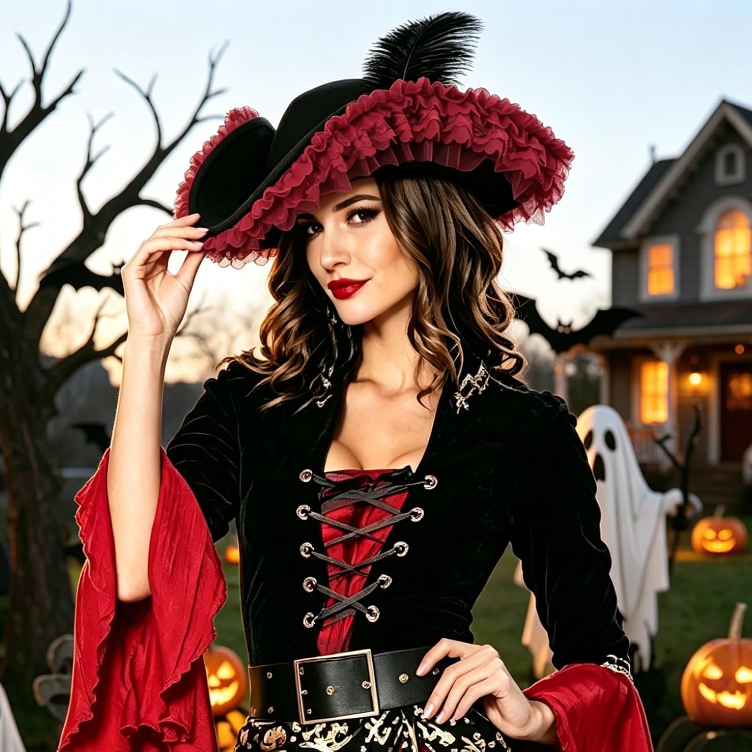 Pirate Hat for Woman,Pirate Costume Accessories Women,Halloween Tricorn Colonial Hat with Feather Lace