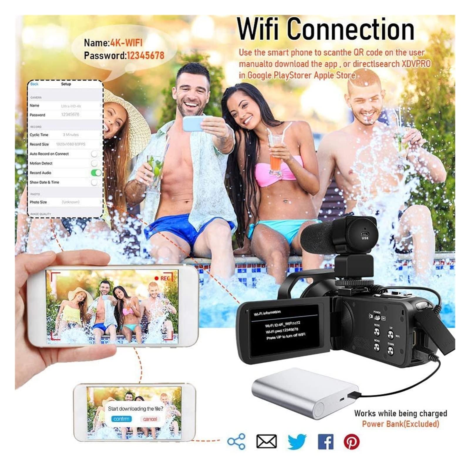 Cámara de Vlogging, Cámara de Video 4K con micrófono Uhd Cámara de videas for transmisión en Vivo WiFi Vlogging Camera de Control Remoto Visión Nocturna Fotografía portátil(No SD Card)