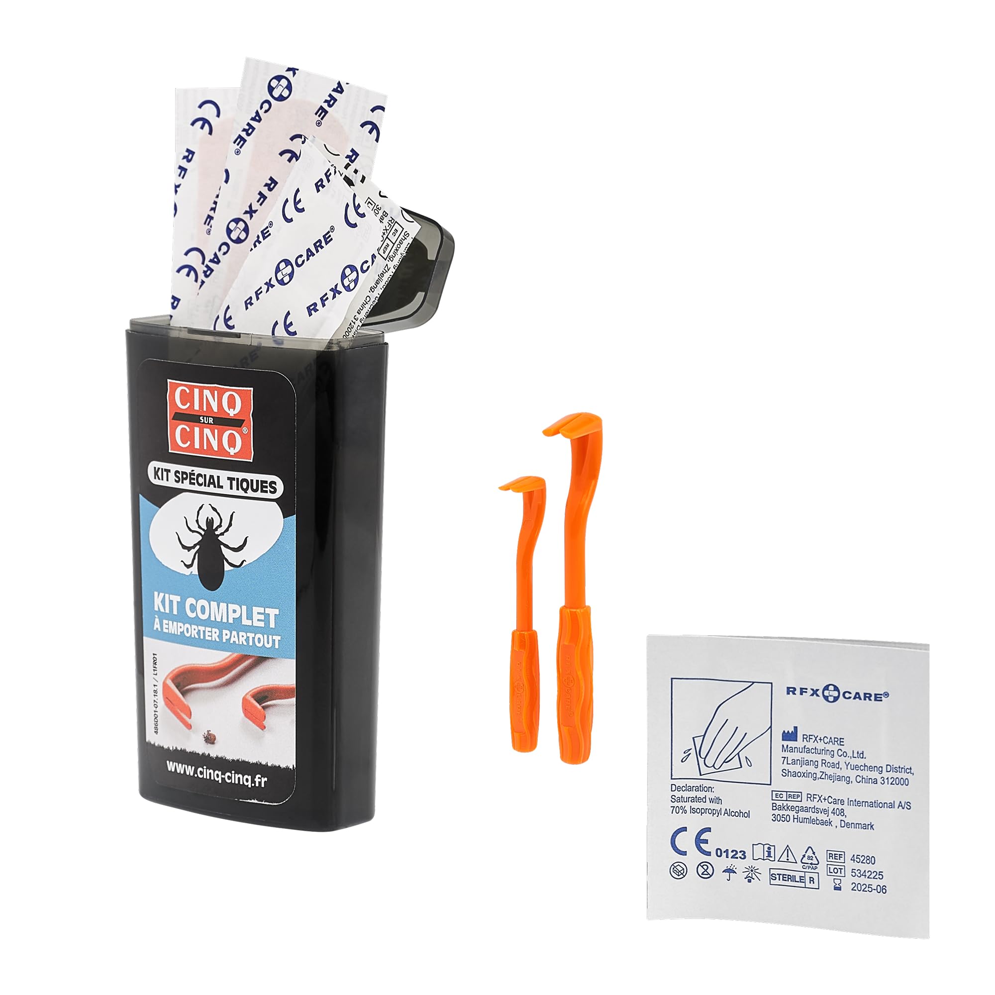 CINQ SUR CINQ Kit Spécial Tiques – 2 Tire-Tiques, 2 Lingettes Nettoyantes, 4 Pansements – Usage Homme & Animal Chien Chat