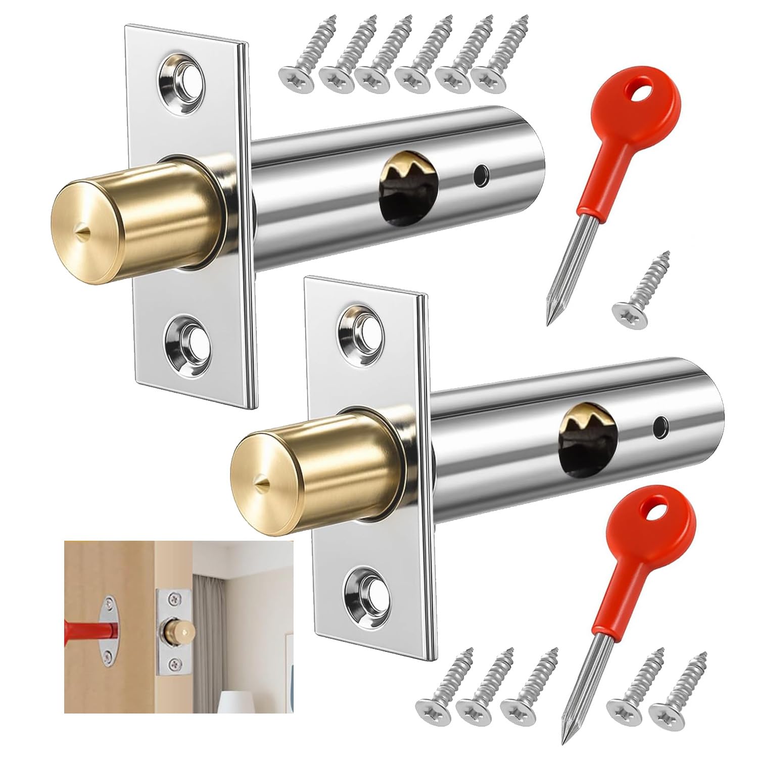 Azushwer Silver Mortice Lock, 2 Pcs Mortice Door Latch Internal Door Lock Internal Door Bolts Doors Catch Internal Doors Lock With 2 Star Keys Door Security Rack Bolt For Doors And Windows At Home