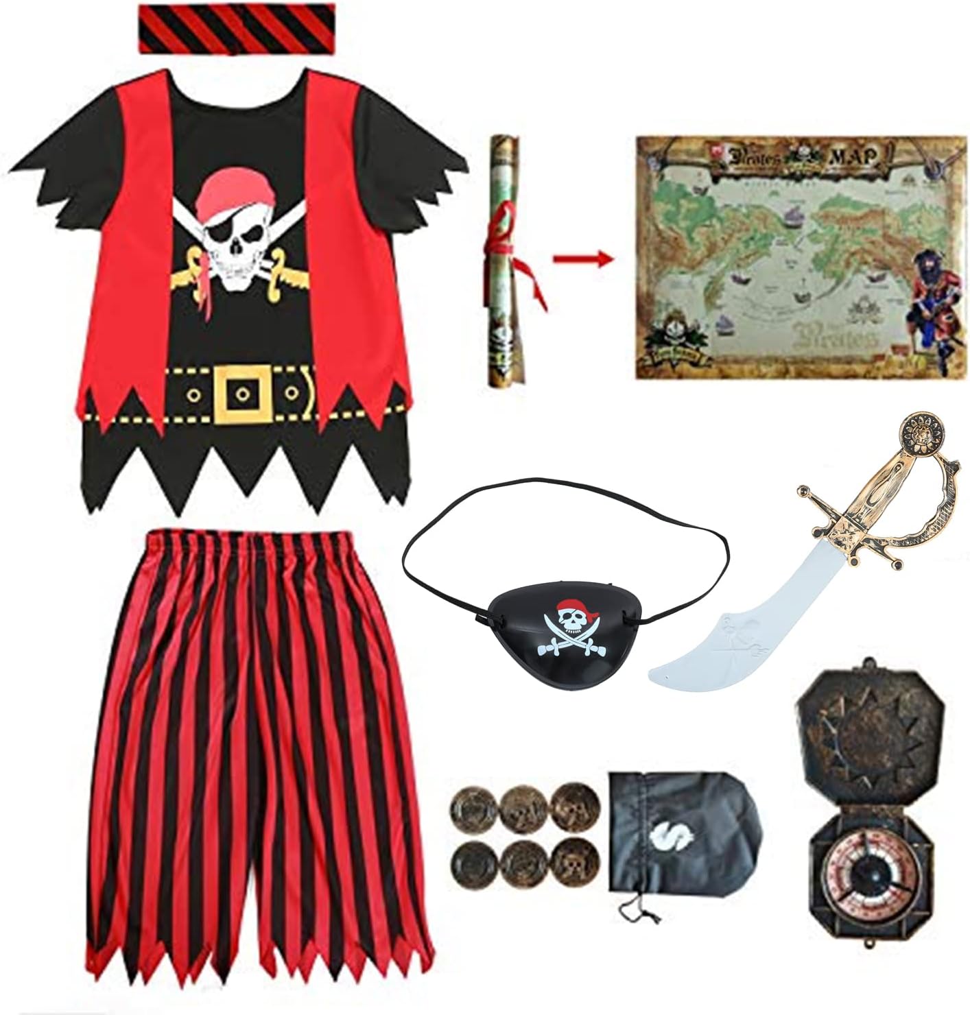 Sincere Party 8 Piece Pirate Costume Set for Children Size 3-4, 5-6, 7-8 and 8-10 Years