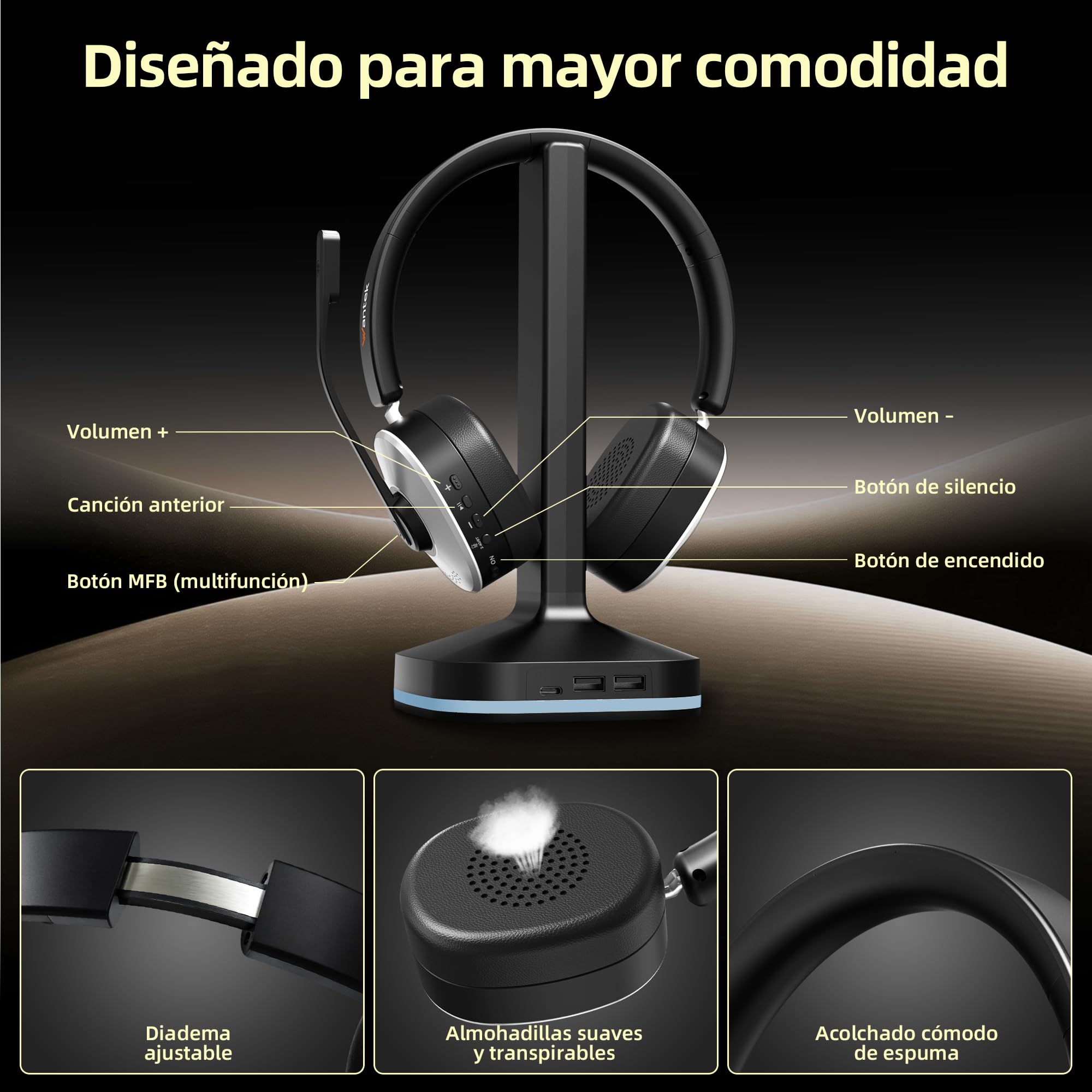 Wantek Auriculares inalámbricos Bluetooth con micrófono, estación de Carga, Dongle USB para PC Oficina Zoom Skype Laptop Centro de Llamadas