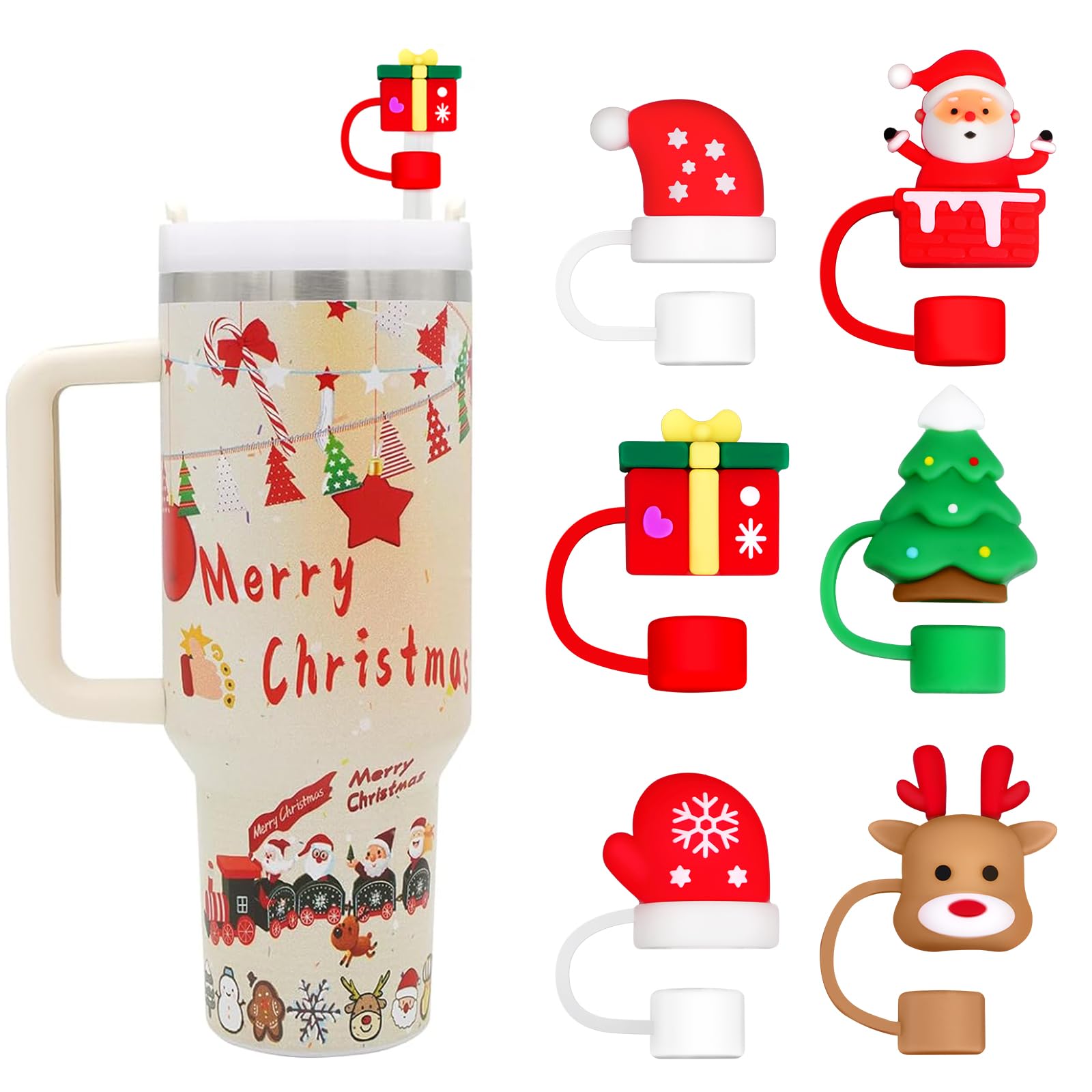 Christmas Straw Cover Caps for Stanley Cup, 6 Pcs Silicone Straw Toppers Cute Reusable Dust-proof 10mm Drinking Straw Tip Covers for Stanley 30&40 Oz Tumbler (Red n2)