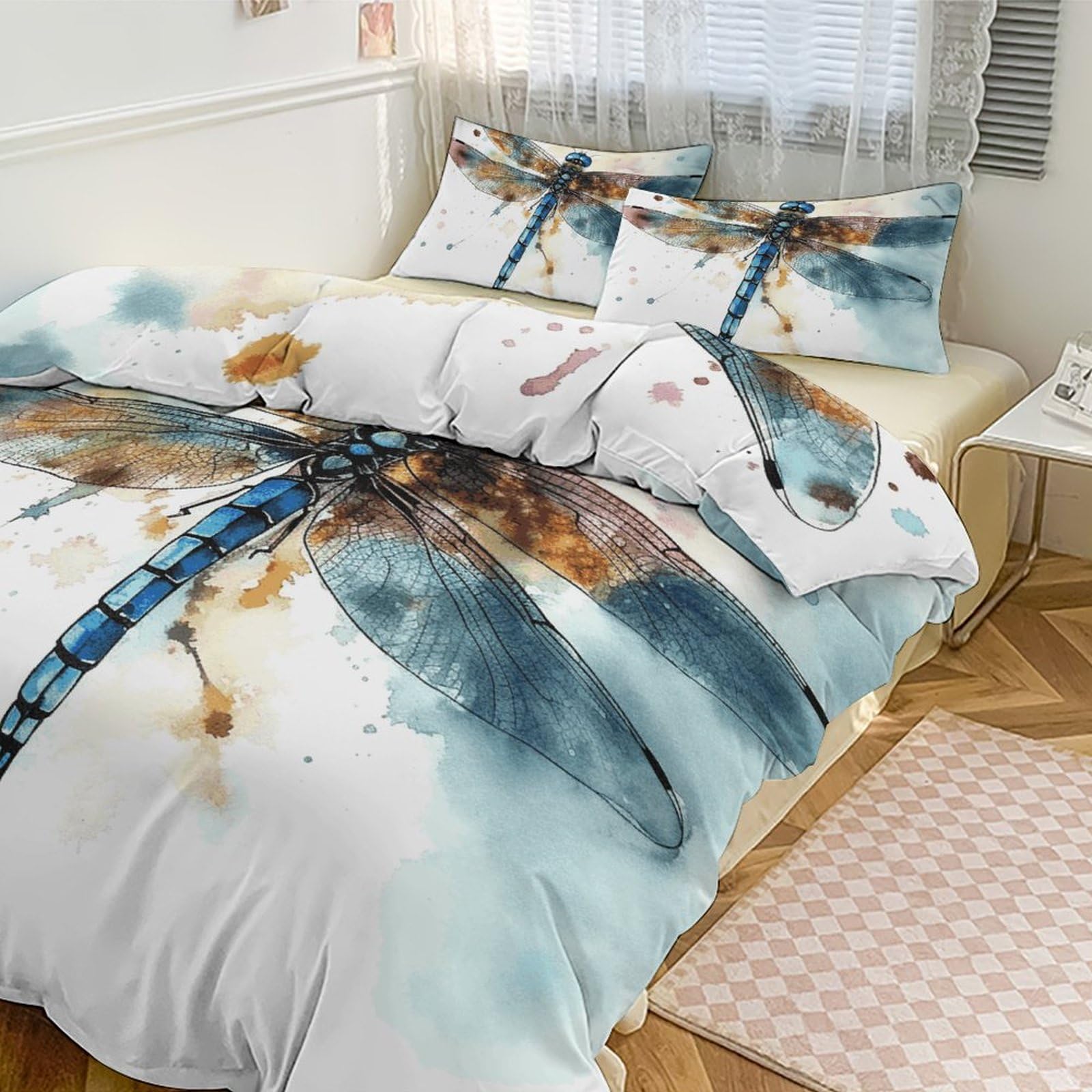 Couette pour grand lit épaisse parure de lit 3 pièces aquarelle libellule thermorégulatrice