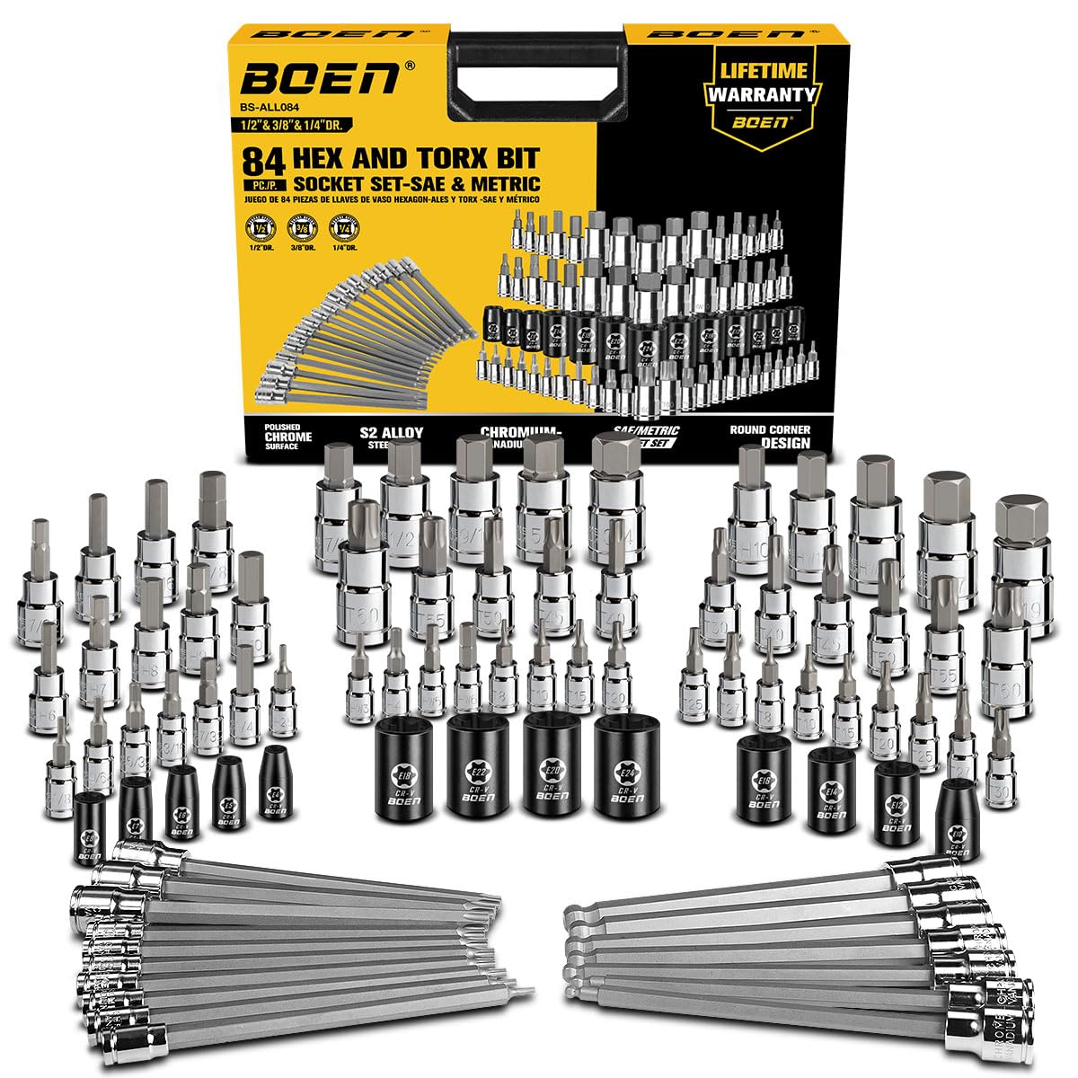 84-teiliges Sechskant- und Torx-Bitset, 1/4'', 3/8'', 1/2'' Antrieb (H2.5-H19, T8-T60, TT8-TT60, E4-E24) Metrisches & SAE-Bitset, mit S2- und Cr-V Stahl