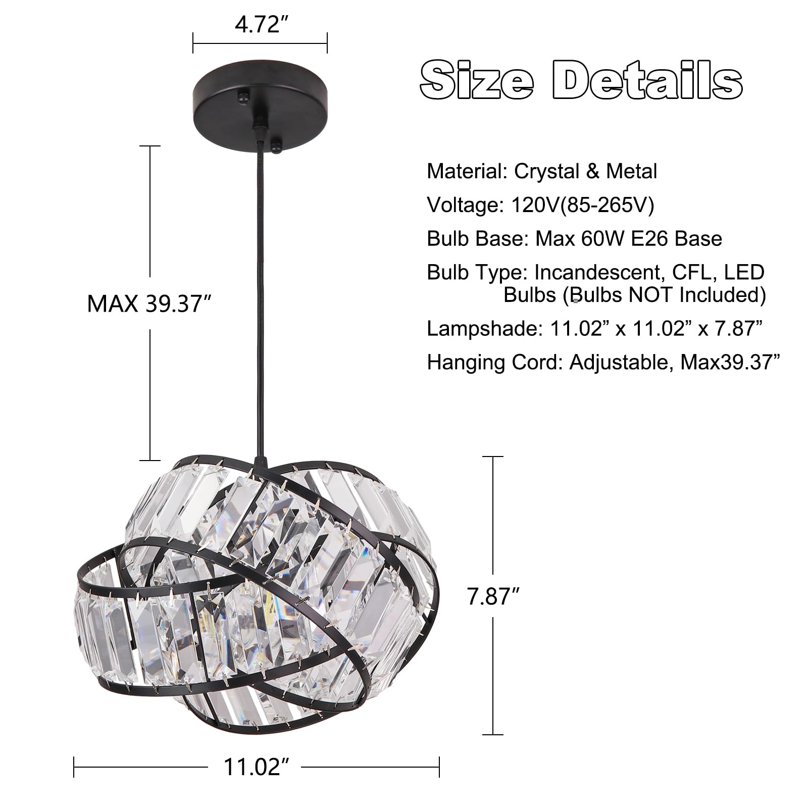 MPDITO Modern Crystal Chandelier Light Fixure Vintage Geometric Ring Black Pendant Lighting with Crystal Rustic Modern 11.2" Crystal Chandelier for Dining Room, Kitchen Island, Living Room, Hallway