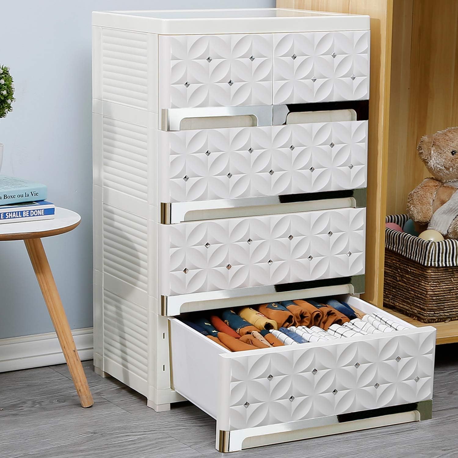 Nafenai 5 Drawers Plastic Storage Drawers Dresser, White Tall Dresser for Bedroom, Storage Organizer Unit for Kids Room, Study Room, Entryway, Hallway, Office - Carved Texture - Chromed Handles