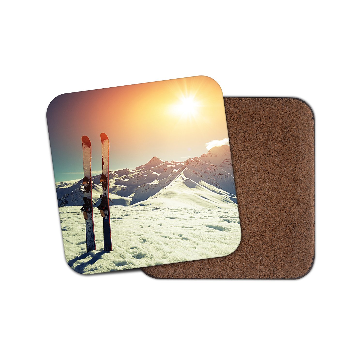 Destinationvinyl Multicolor 1 X Ski Skiing Mountain Scene Cork Backed Drinks Coaster For Tea & Coffee #8112 (1 Coaster)