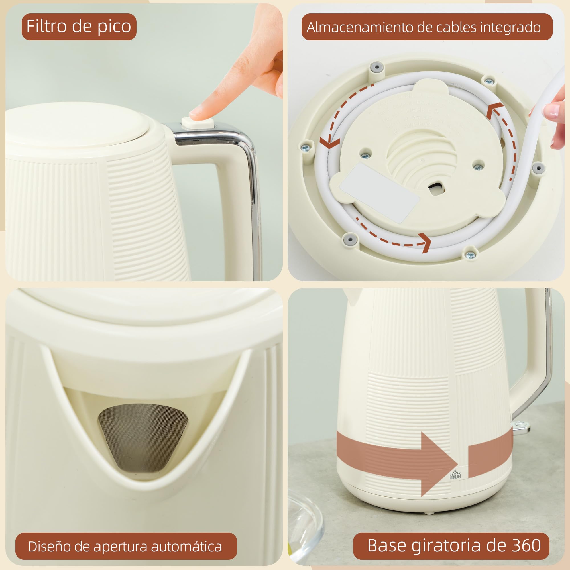 HOMCOM Juego de Tostador y Hervidor 2200W Hervidor de Agua Eléctrico de Acero Inoxidable 1,7L Tostadora Pan Ranura Ancha para 2 Rebanadas 3 Funciones Crema