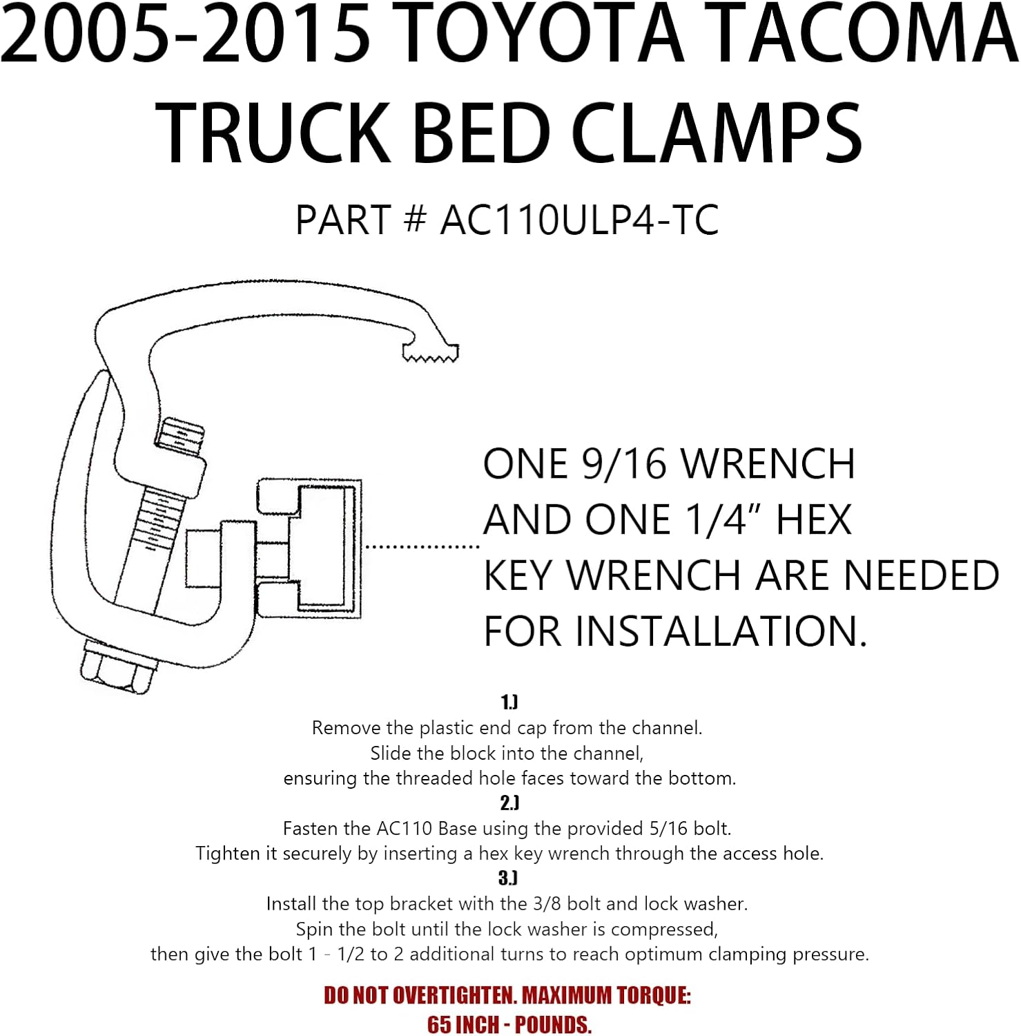 Set of 4 Truck Bed Clamps for Truck Topper/Cap/Camper Shell compatible with Toyota 2nd Gen Tacoma 2005-2015 Bed Rail System