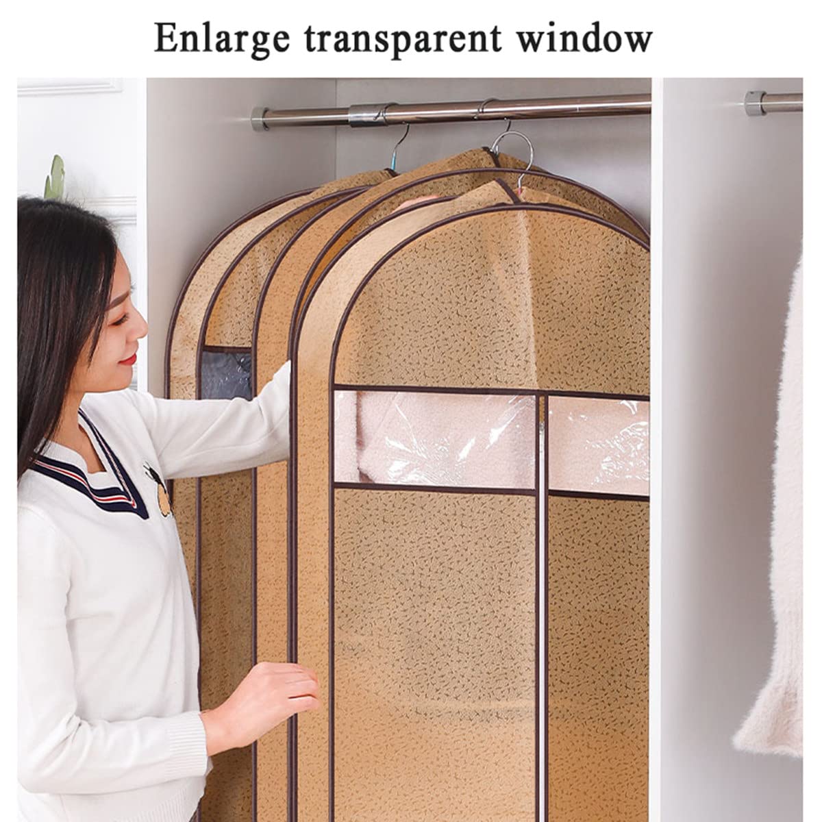 Torba na ubrania, Zestaw 3 toreb z włókniny, torba podróżna na garnitur przezroczystym okienkiem, pokrowiec ubrania, organizer do garderoby(Khaki,130x60x10cm)