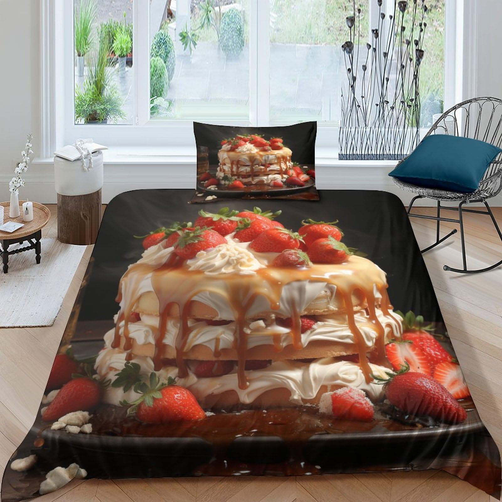 Parure de lit single fraise ICOBES avec housse de couette 135x200cm