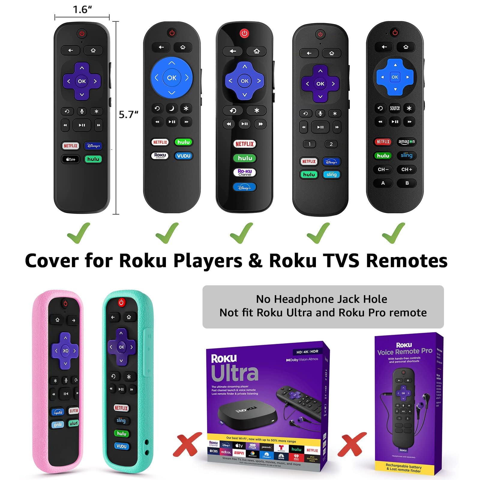 TCL | Hisense Roku Remote Case - Confezione da 2 cover in silicone per Roku Express 4K+ 2021 e Streaming Stick+ con cordini, rosa brillante e azzurro cielo