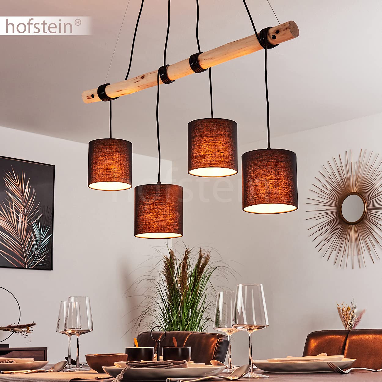Suspension Betsele Bois Et Métal Noir - Lampe Pendante Rétro-moderne 4 Ampoules E27, Hauteur Ajustable