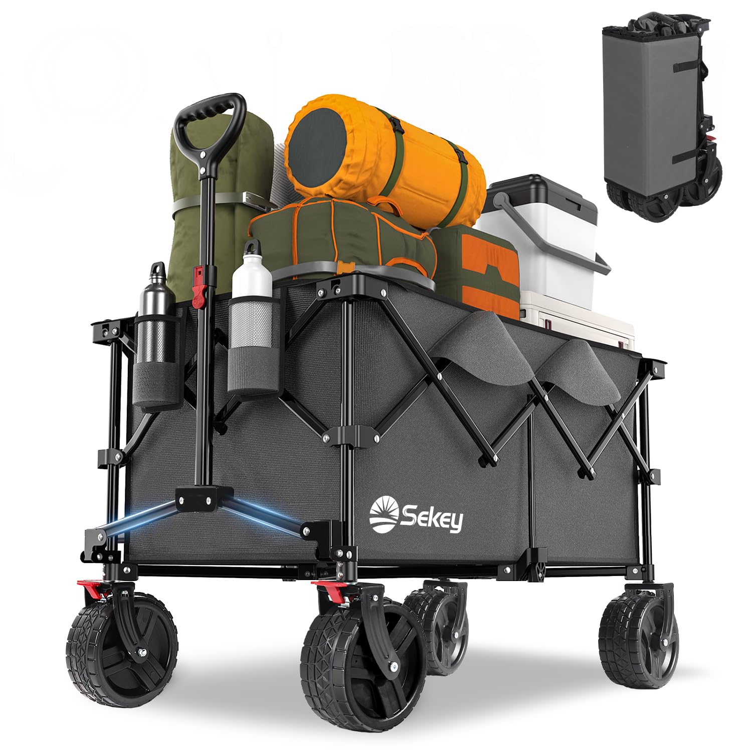 Carrello Pieghevole Sekey Con Ruote - Portata 200 Kg, 100L, Per Spiaggia, Campeggio, Nero - Foto 3