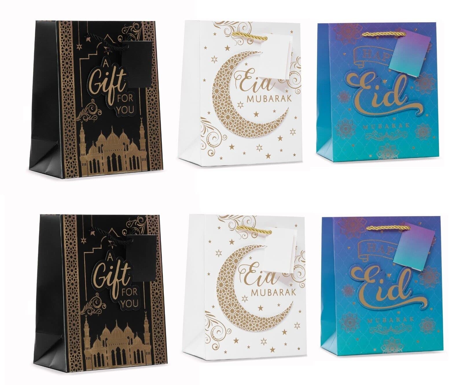 6 X Large Eid Mubarak 3D Foil Gift Bags With Twisted Tie Handle & Gift Tag- Multi Pack| Islamic Muslim Festive Celebrations| Eid ul Fiter Eid ul Adha | Traditional Moon, Star, Lanterns (Medium, Multi)