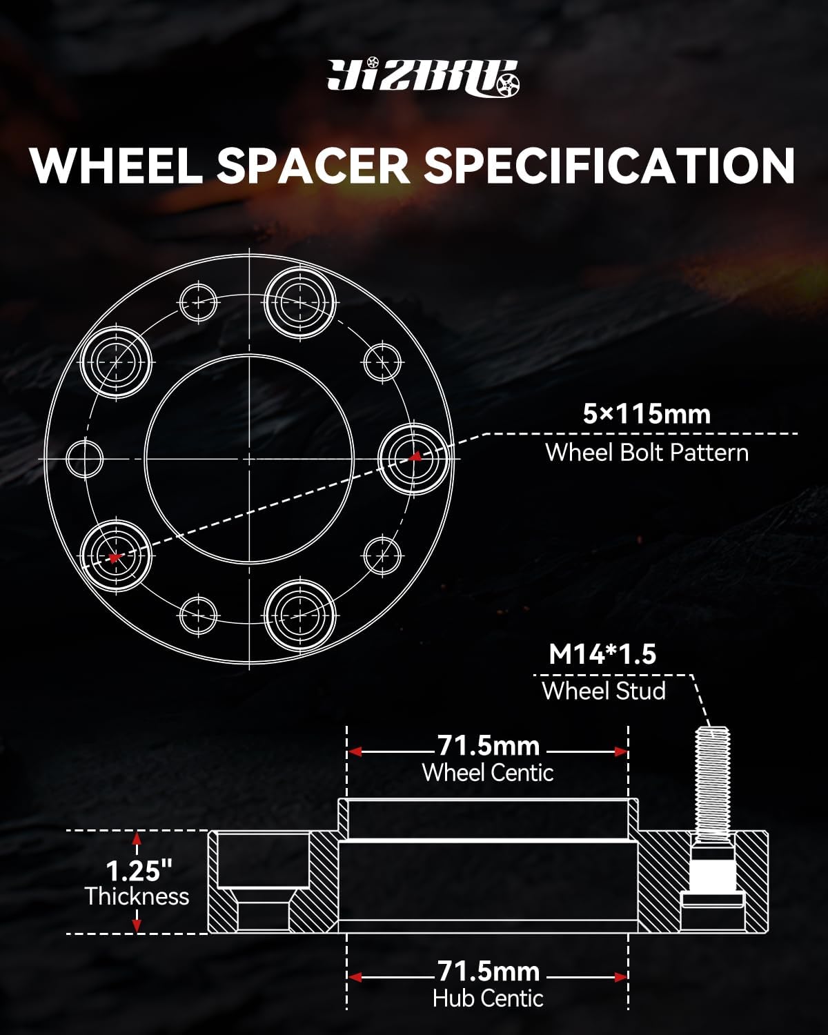 YIZBAP 5X115 Hubcentric Wheel Spacers for 2005-2023 300, 2009-2023 Challenger, 2006-2023 Charger, 2004-2009 Magnum, 1.25 inch 5X115 Wheel Spacers with 71.5mm Hub bore 14X1.5 Thread Pitch - Image 2
