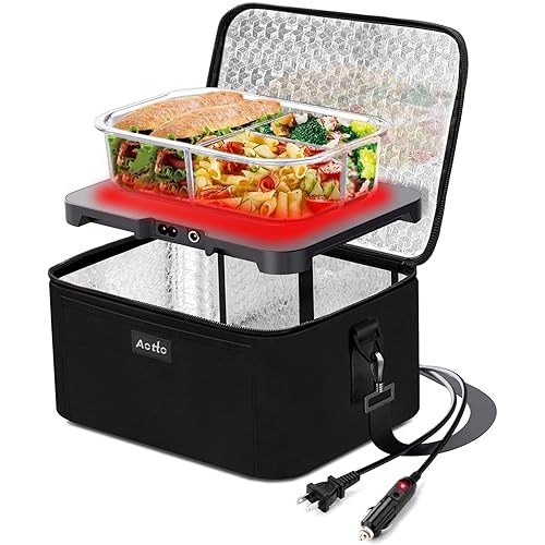 Aotto Portable Oven, Electric Lunch Box Food Heater - 12V/24V/110V 3-in-1 Car Food Warmer - Mini Personal Microwave Heated Lunch Box Warmer for Car, Truck, Travel, Office & Home Use - Black
