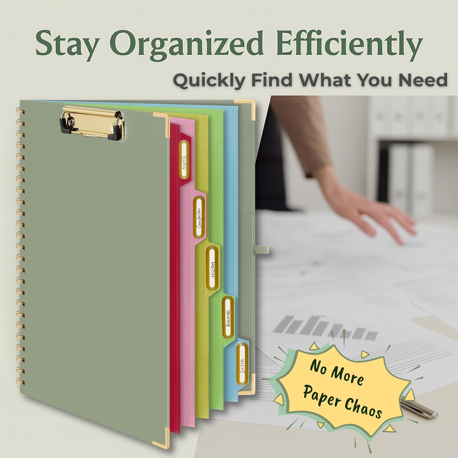 Mymazn Clipboard Folio with Storage, Sturdy Sage Green Cover, 5 Dividers & 10 Pockets, Refillable Notepad – Portable File Organizer for Students, Teachers, Nurses & Professionals