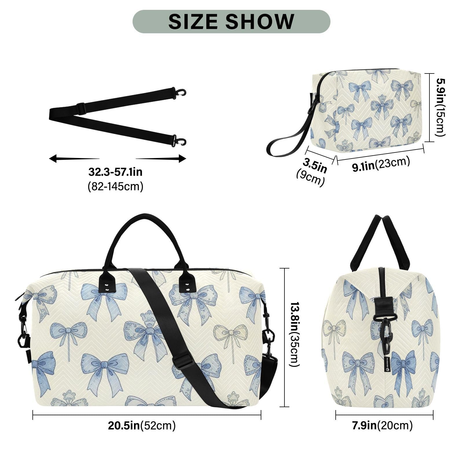 Reisetaschen-Set, 2-teilig, durchgehende Reißverschlussfächer, praktisch für Reisen, Bow Bluevbossed, One Size, Klassisch