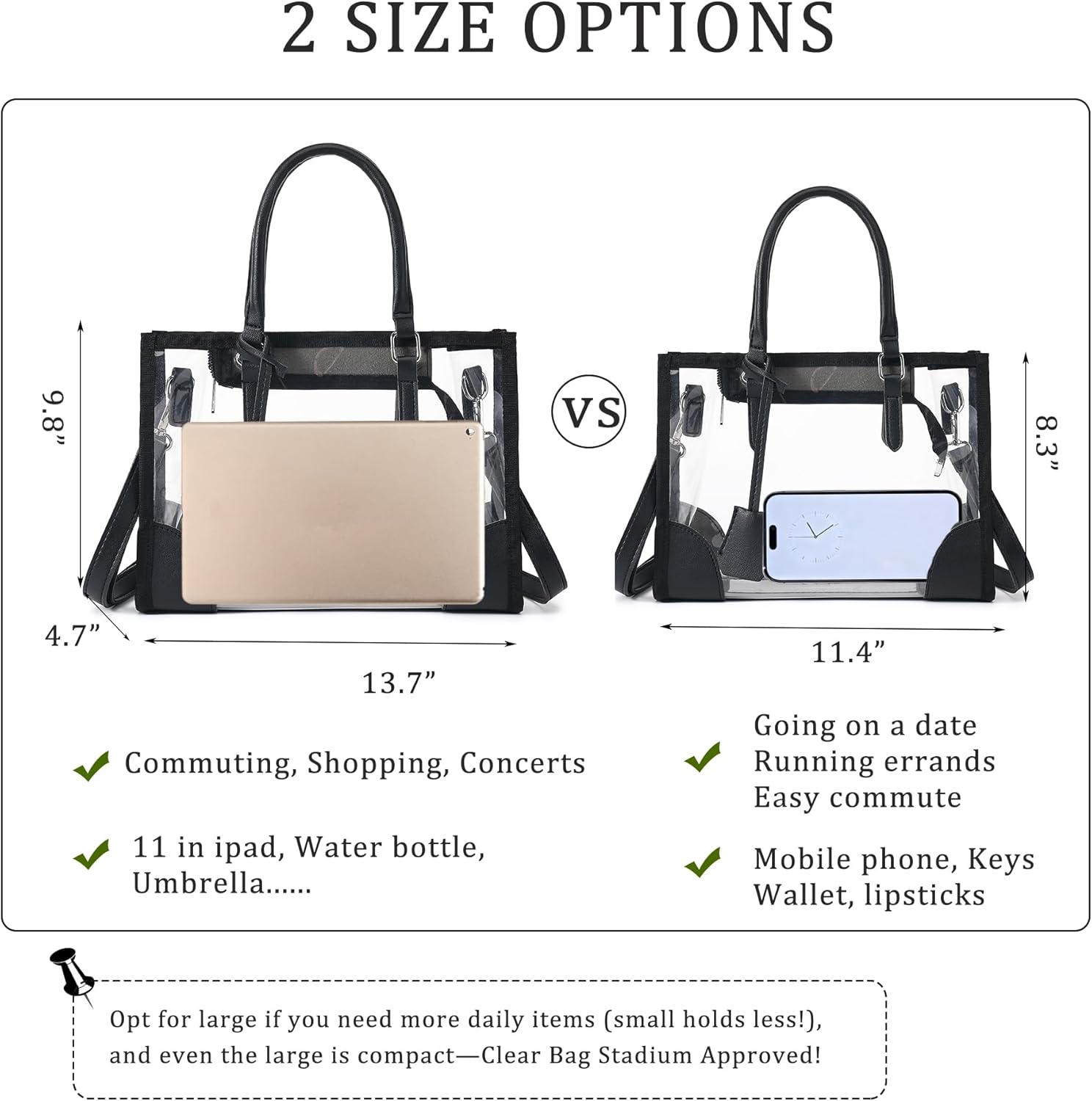 FAIME Cute Tote Bag, Stadium Approved Clear Handbag with Zippers & Adjustable Strap