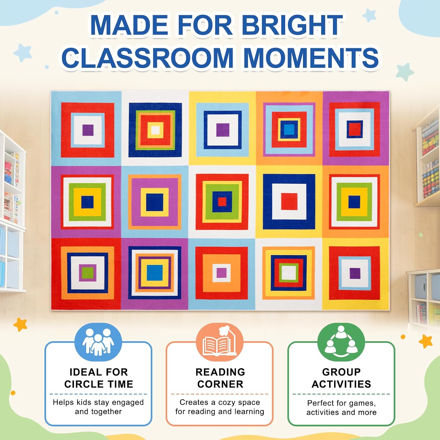 Classroom Rug for Kids, 6x9 ft Non-Slip Classroom Seating Carpet, Preschool Circle Time Rug for Kindergarten Daycare Nursery, Playroom Reading Corner Floor Mat, 20 Seats