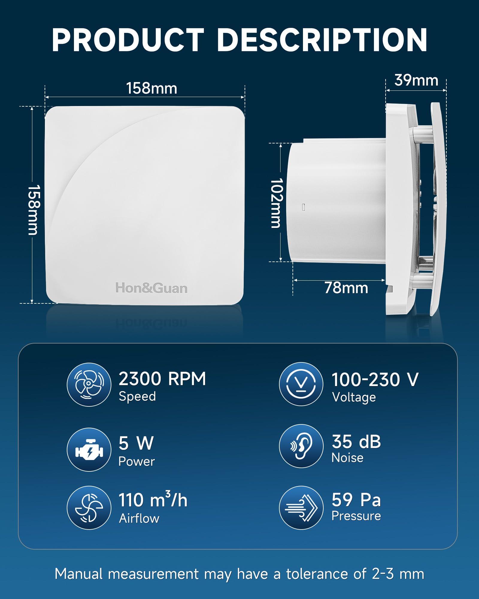 Hon&Guan Ventilador de Baño de 100mm con Sensor de Humedad & Válvula & VOC