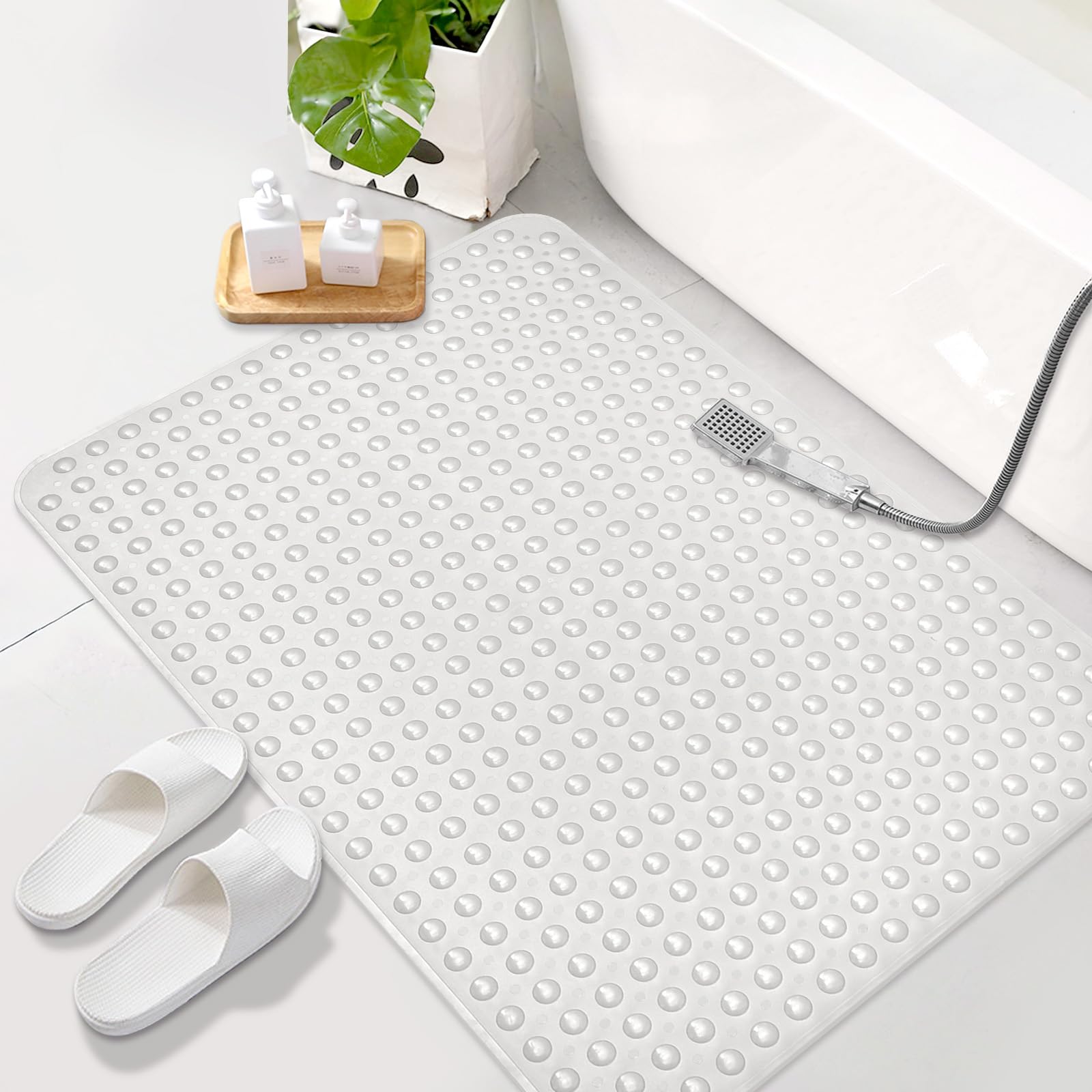 Alfombrilla de ducha grande antideslizante, 80 x 120 cm: suave TPE con orificios de drenaje y ventosas, alfombrilla antideslizante para ducha, lavable a máquina, antibacteriana, resistente al