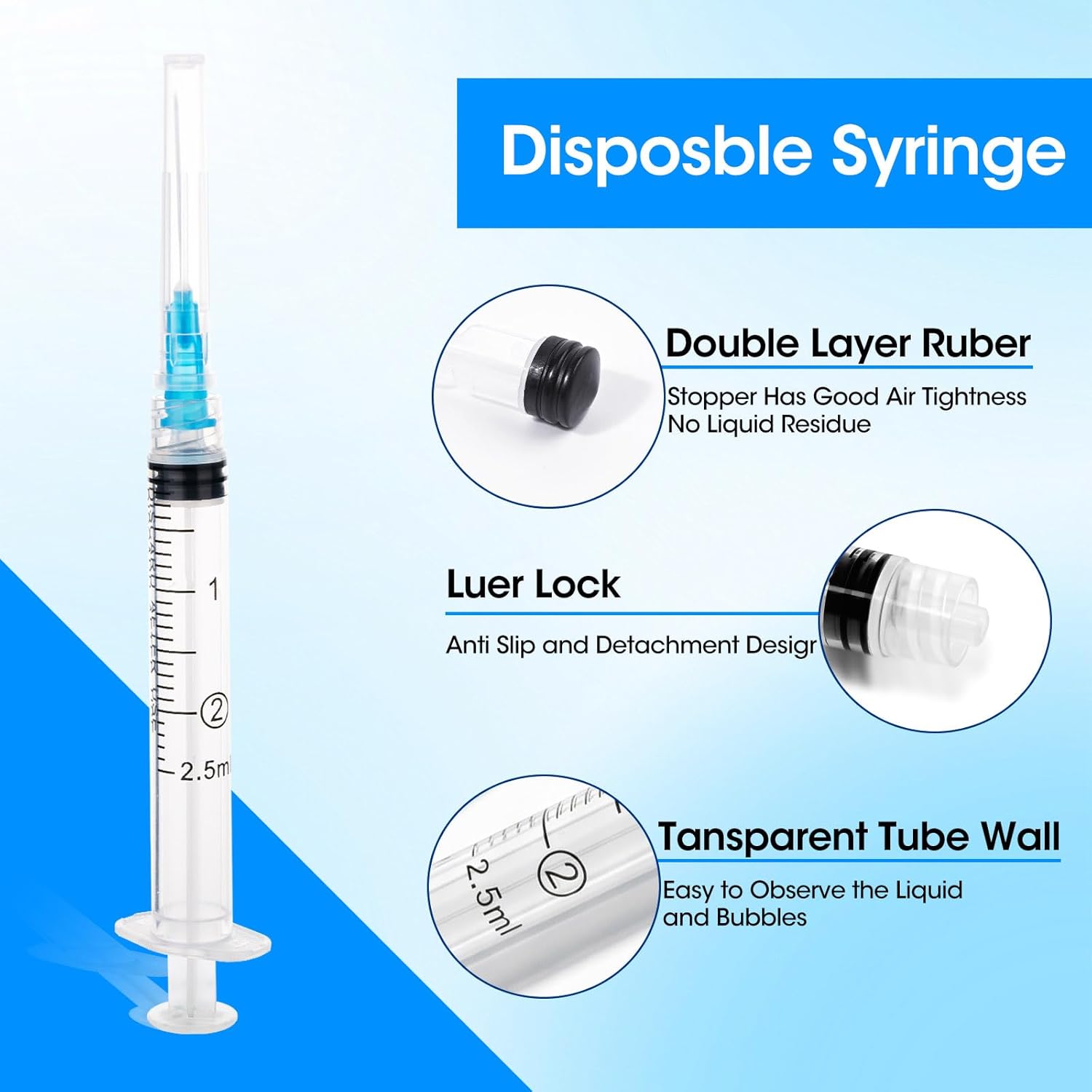 2.5ml Syringe, 2.5cc Luer Lock Syringes with 23G 1 inch Needle, for Lab Liquids Refilling , Individually Wrapped , 20 Pack