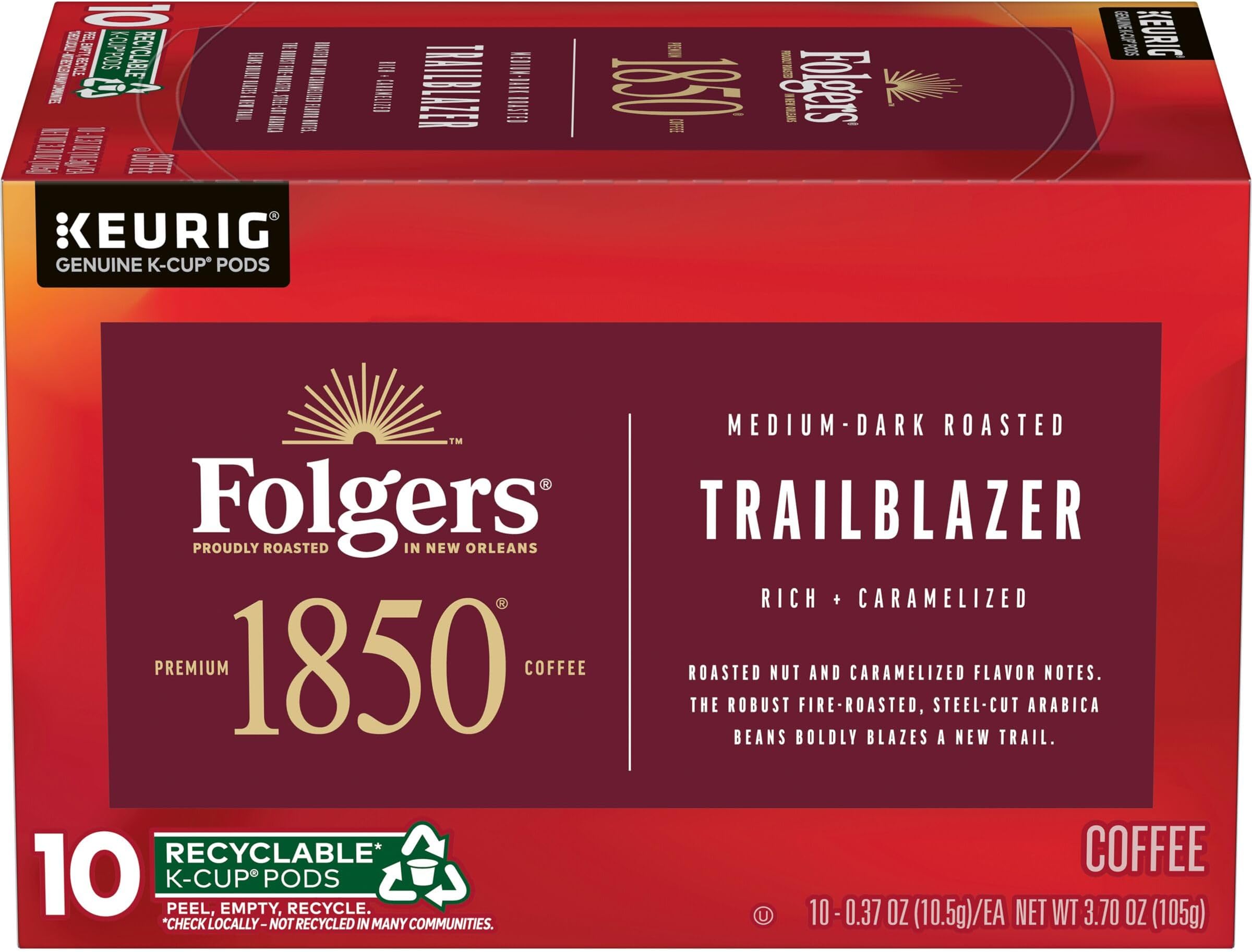 1850 by Folgers Trailblazer Medium Dark Roast Coffee, 10 Keurig K-Cup Pods