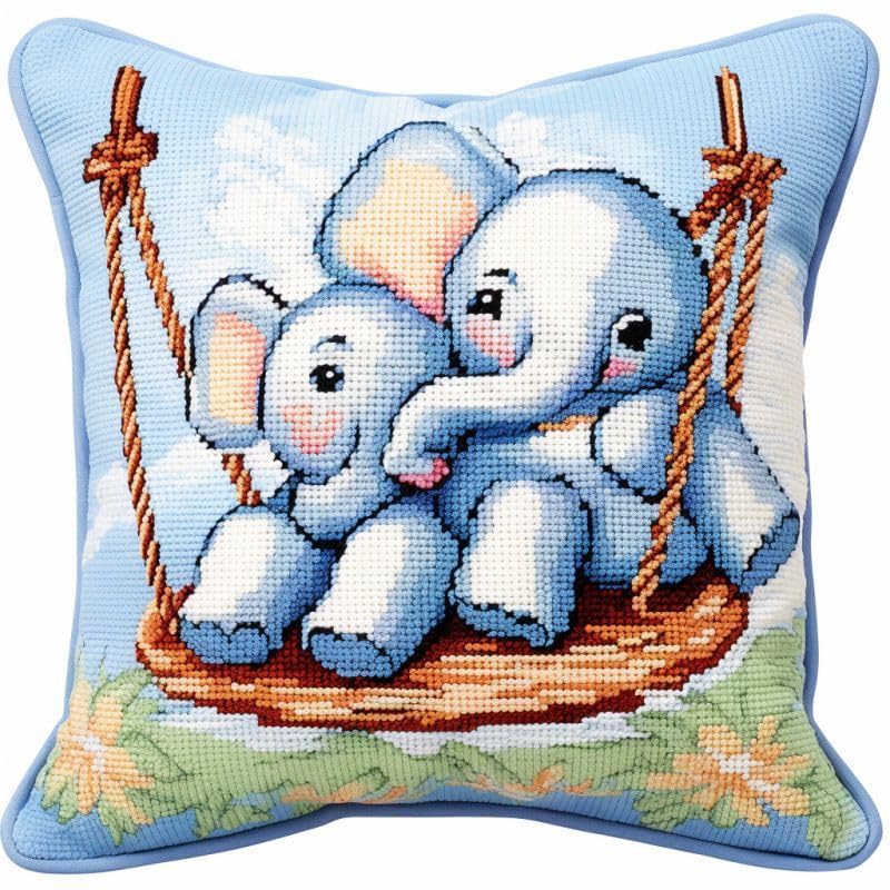 Image of Swinging Elephant Latch Hook Pillow Kit Set Cushion Cover Latch Hook Kits Throw Pillowcase Craft Needlework Printed Pattern Canvas Cushion Carpet Hand Craft 17 x 17 Inch