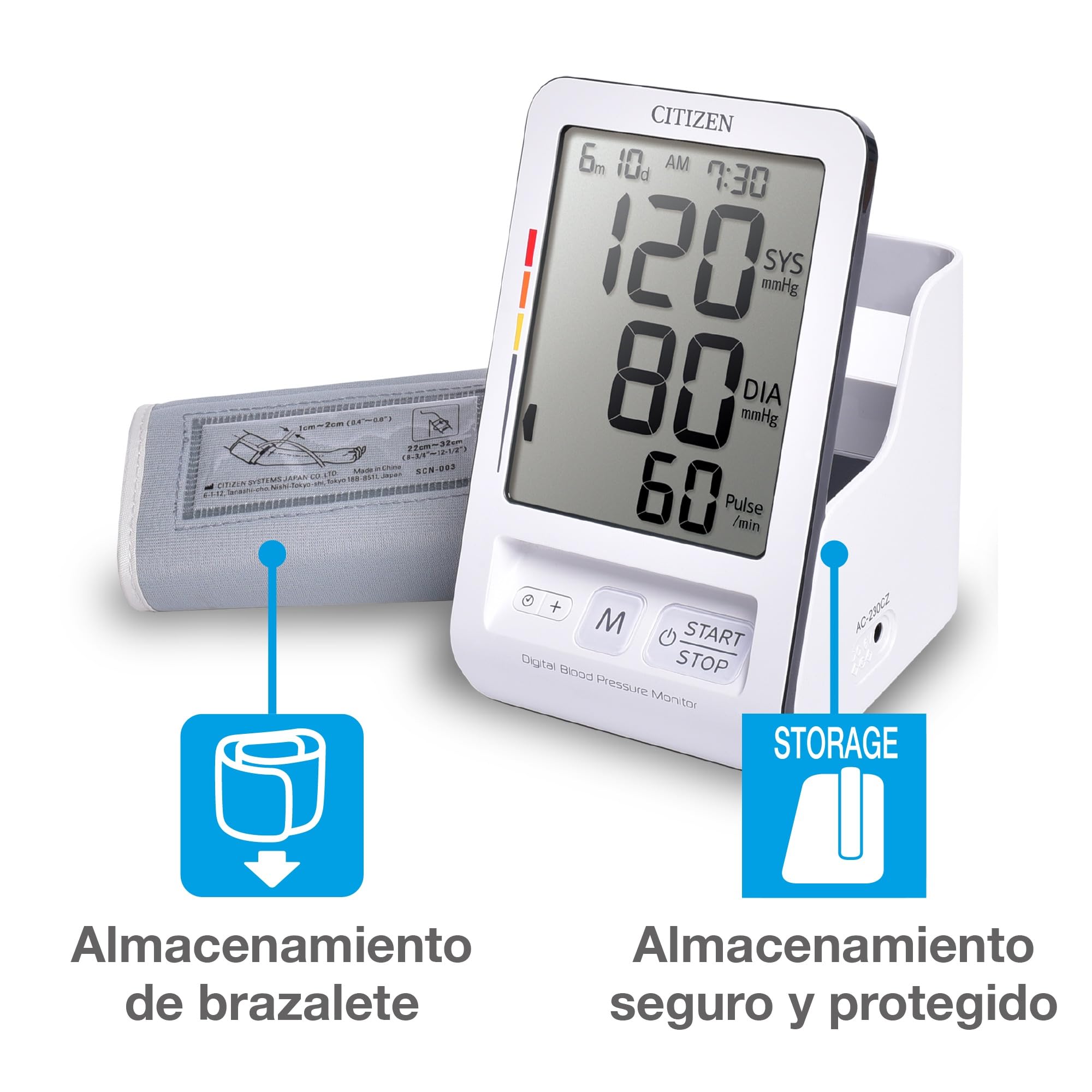 Tensiómetro de Brazo Automático CITIZEN CH-456 Pantalla LCD | Ideal adultos mayores | Uso doméstico 1 botón | Detección arritmias | Memoria 90 lecturas | Manguito suave 22-32 cm