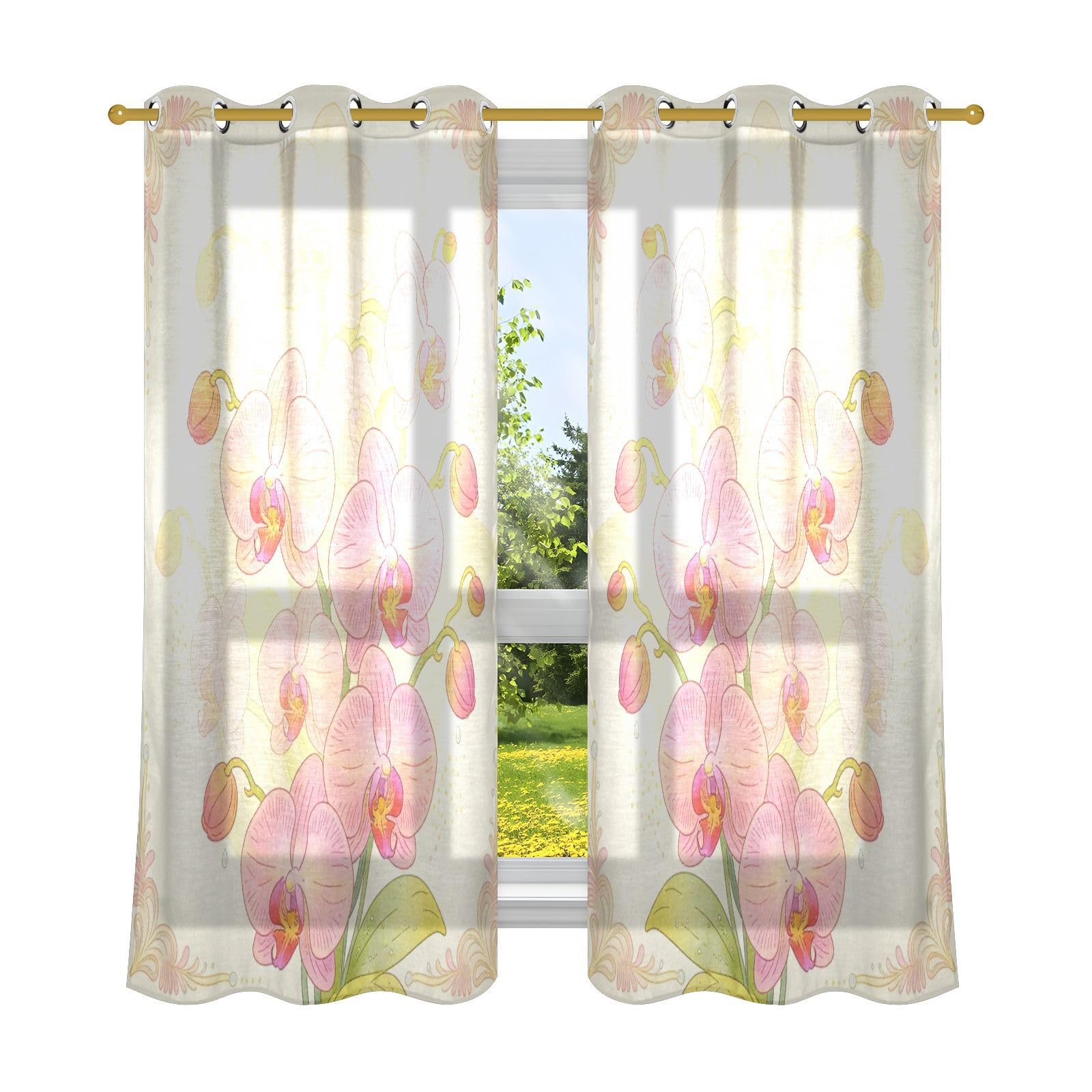 Cortinas decorativas para ventana, opacas, elegantes, arte de orquídeas tropicales, 160 cm de largo, oscurecimiento de la habitación, juegos de 2 paneles
