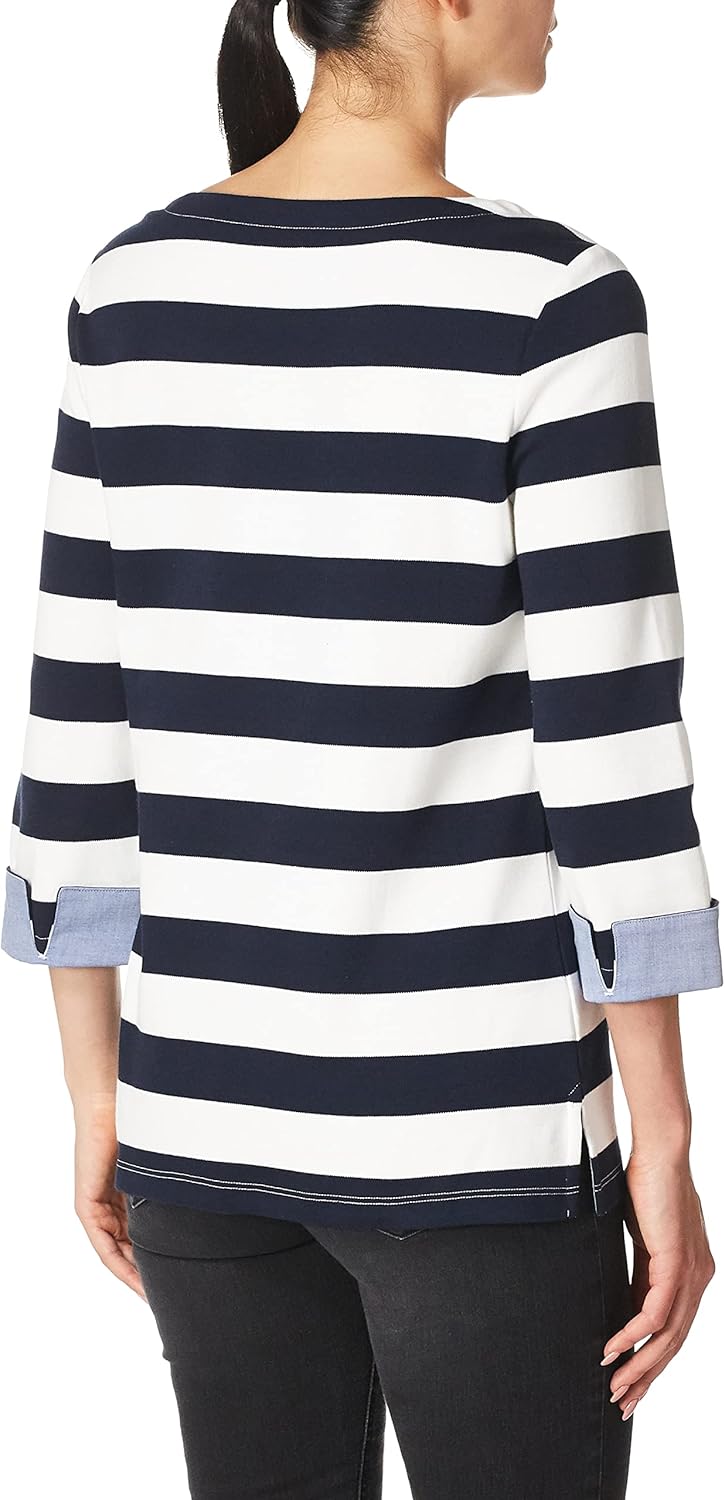 Nautica Women's Solids and Stripes Boatneck 3/4 Sleeve 100% Cotton Shirt Shirt, Navy, XX-Large - Image 3