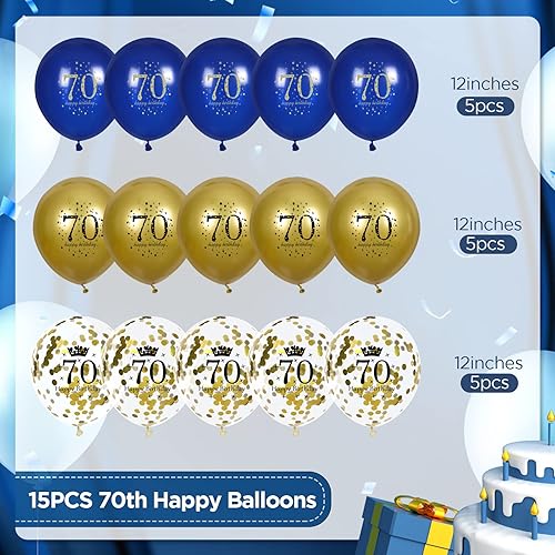 Miniatura 7 de RUMIA Globos de látex de 70 cumpleaños azul marino y dorado, 15 unidades, globos de látex con confeti de feliz cumpleaños 70 para hombres y mujeres,