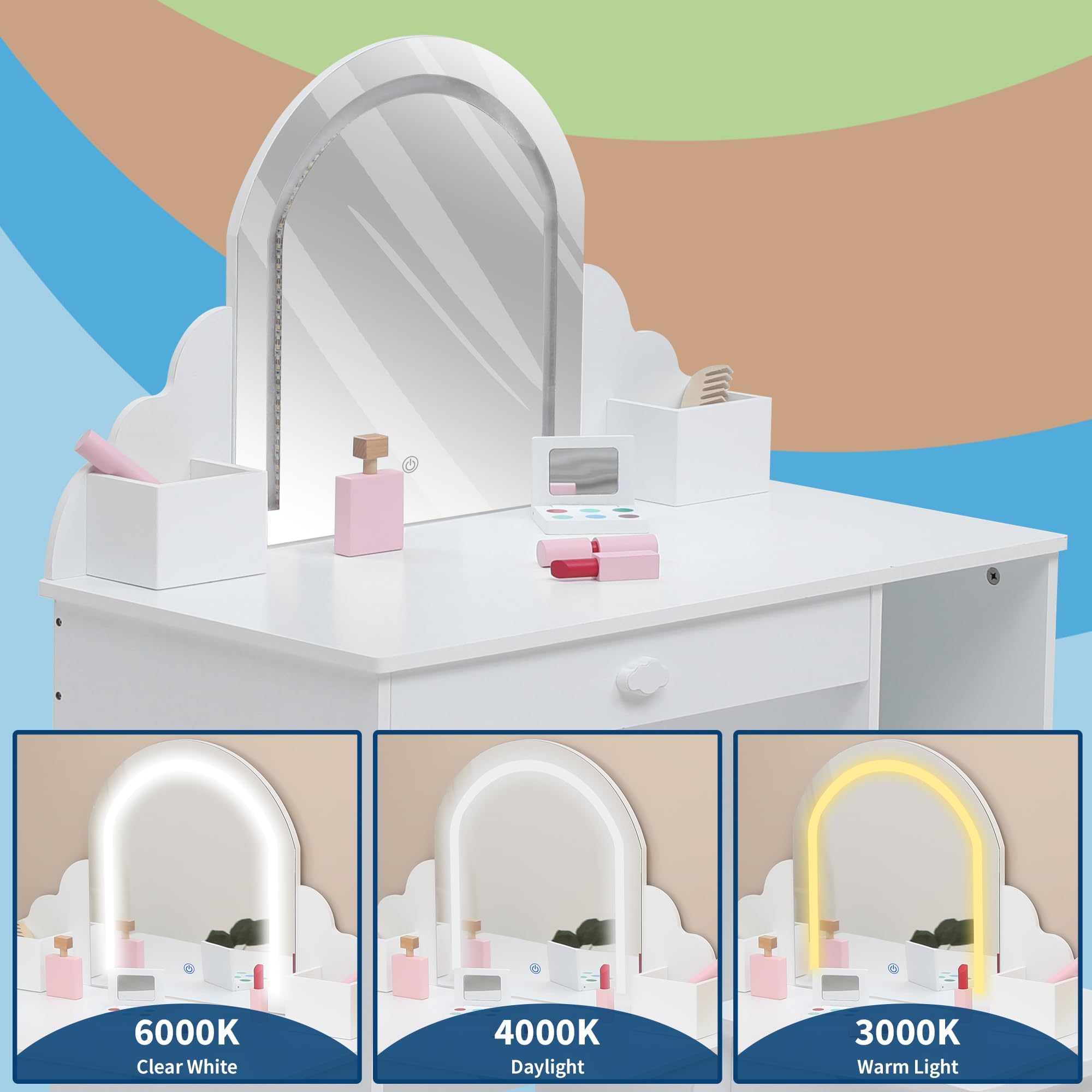 Tocador de Maquillaje Niña 2 en 1 con Luz y Espejo, Tocador Infantil con Luces LED Ajustables, Tocador Niña Madera con Taburete, Cajones y Estantes