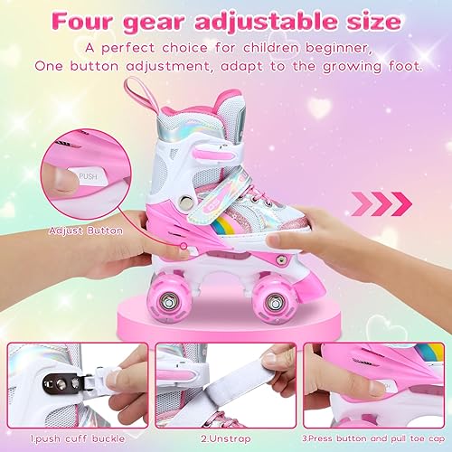 Miniatura 3 de Patines de ruedas para niños y niñas, 4 tallas ajustables, patines de arco iris para niñas con ruedas iluminadas, patines para niños pequeños,