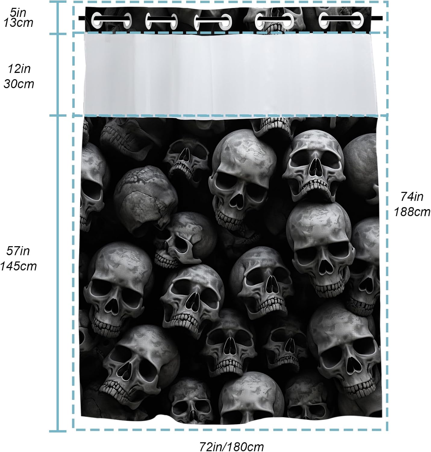 Black g Skull Shower Curtain for Bathroom, Waterproof Gothic Waffle Shower Curtain with Snap in Fabric Liner Set, Heavy Duty Fabric Bath Curtains for Hotel Spa Luxury Polyester, 72Wx74H, No Hook