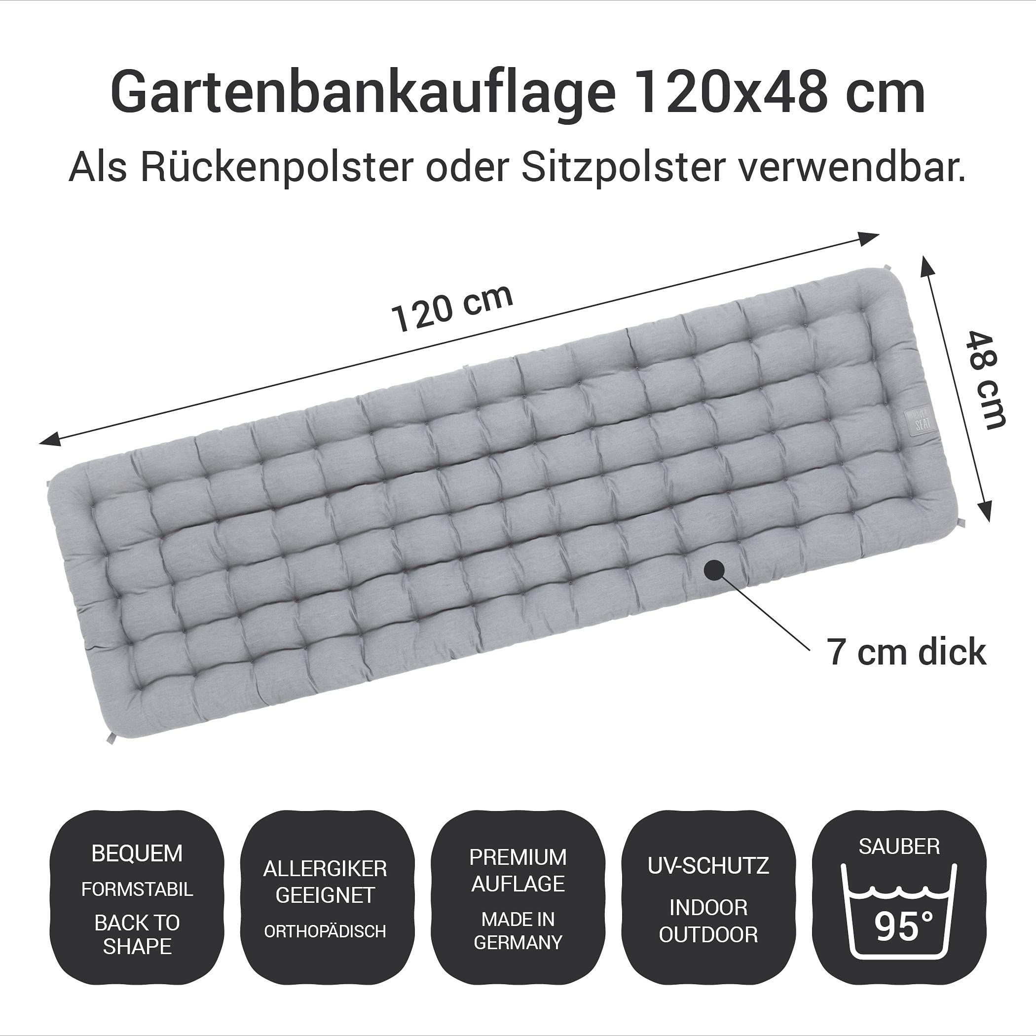HAVE A SEAT Luxury Gartenbankauflage – 180x48 Cm, 7 Cm Dick, Marine Blau, Waschbar Bis 95°C, Made In Germany