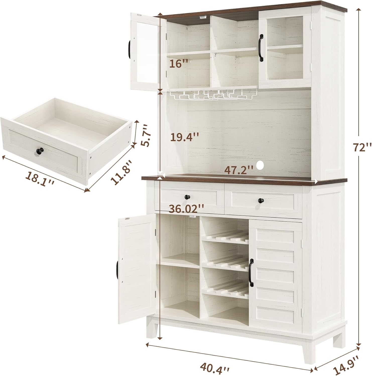 Garvee 72'' Farmhouse Coffee Bar Cabinet, White Bar Cabinet with 2 Glass Doors & 2 Storage Drawers, Pantry Cabinet with Wine Glass Rack, Kitchen Hutch for Living Room, White