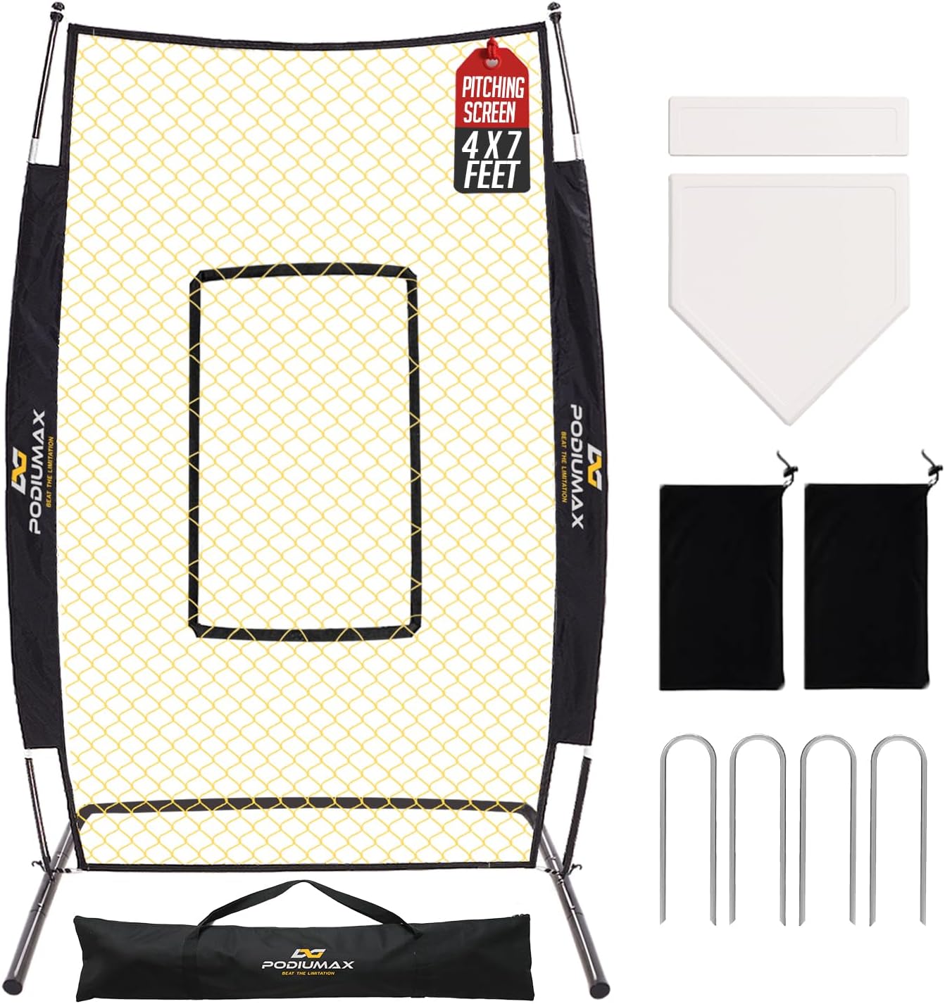 PodiuMax 7x4FT Baseball Pitching Screen with Adjustable Strike Zone & U-Shaped Base - Durable Pitcher Protection Net for Batting Practice