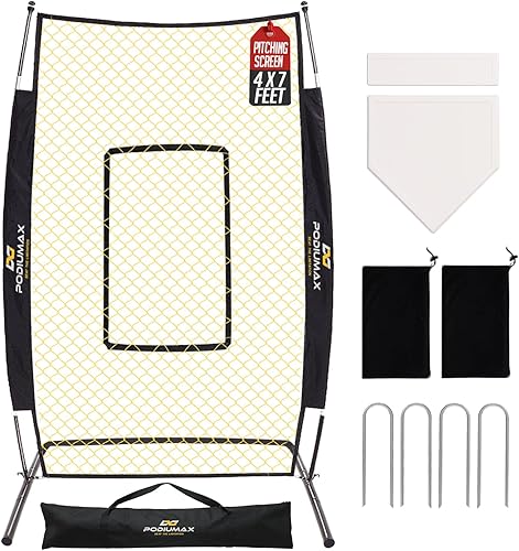 PodiuMax Pantalla de lanzamiento de béisbol I de 7 x 4 pies, zona de golpe ajustable, red de sóftbol con base en forma de U mejorada, pantalla de